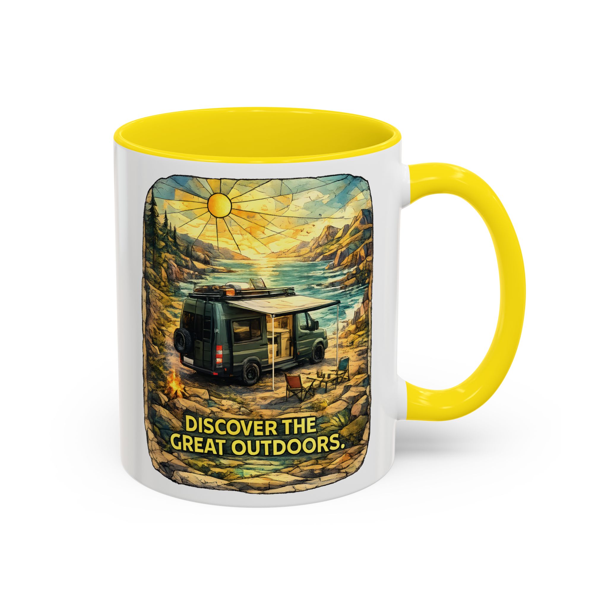 Accent Coffee Mug (11, 15oz) — "Discover The Great Outdoors" Design Cubic-Line