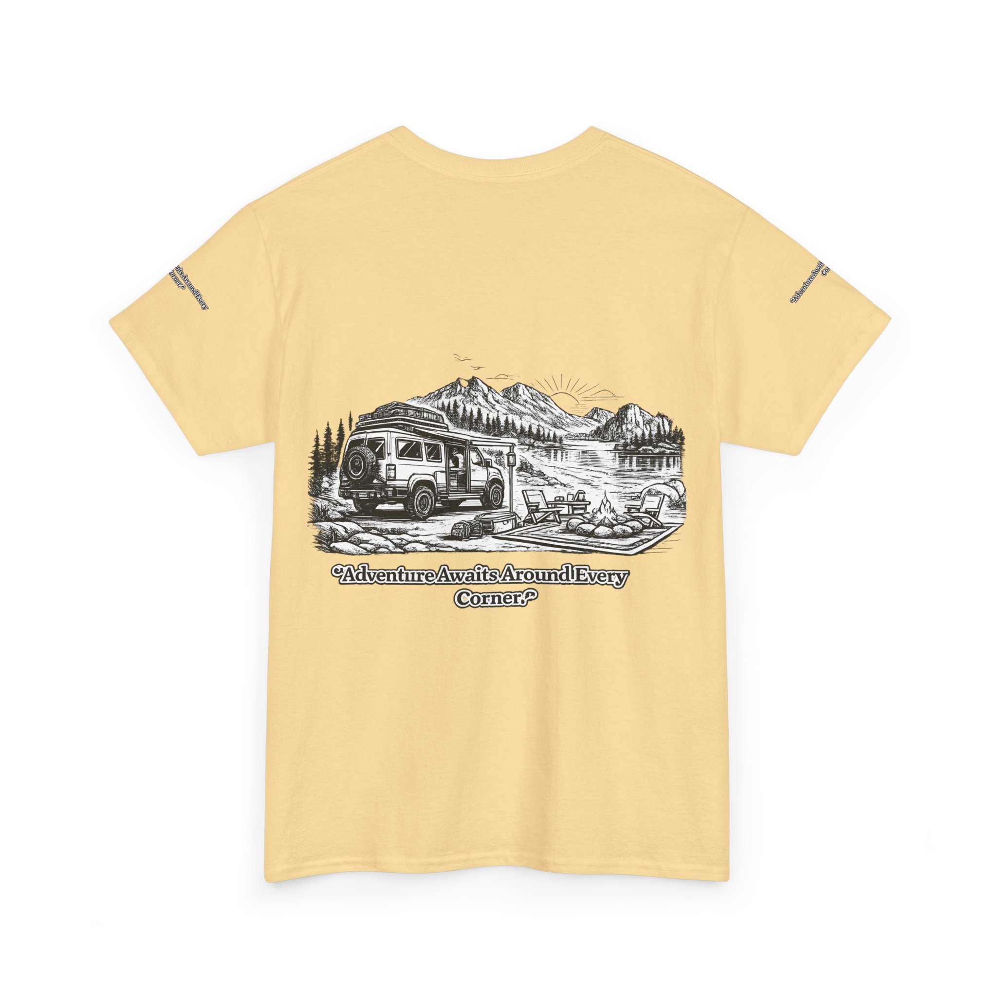 Unisex Heavy Cotton Tee — "Adventure Awaits Around Every Corner" Design Minimal-Line