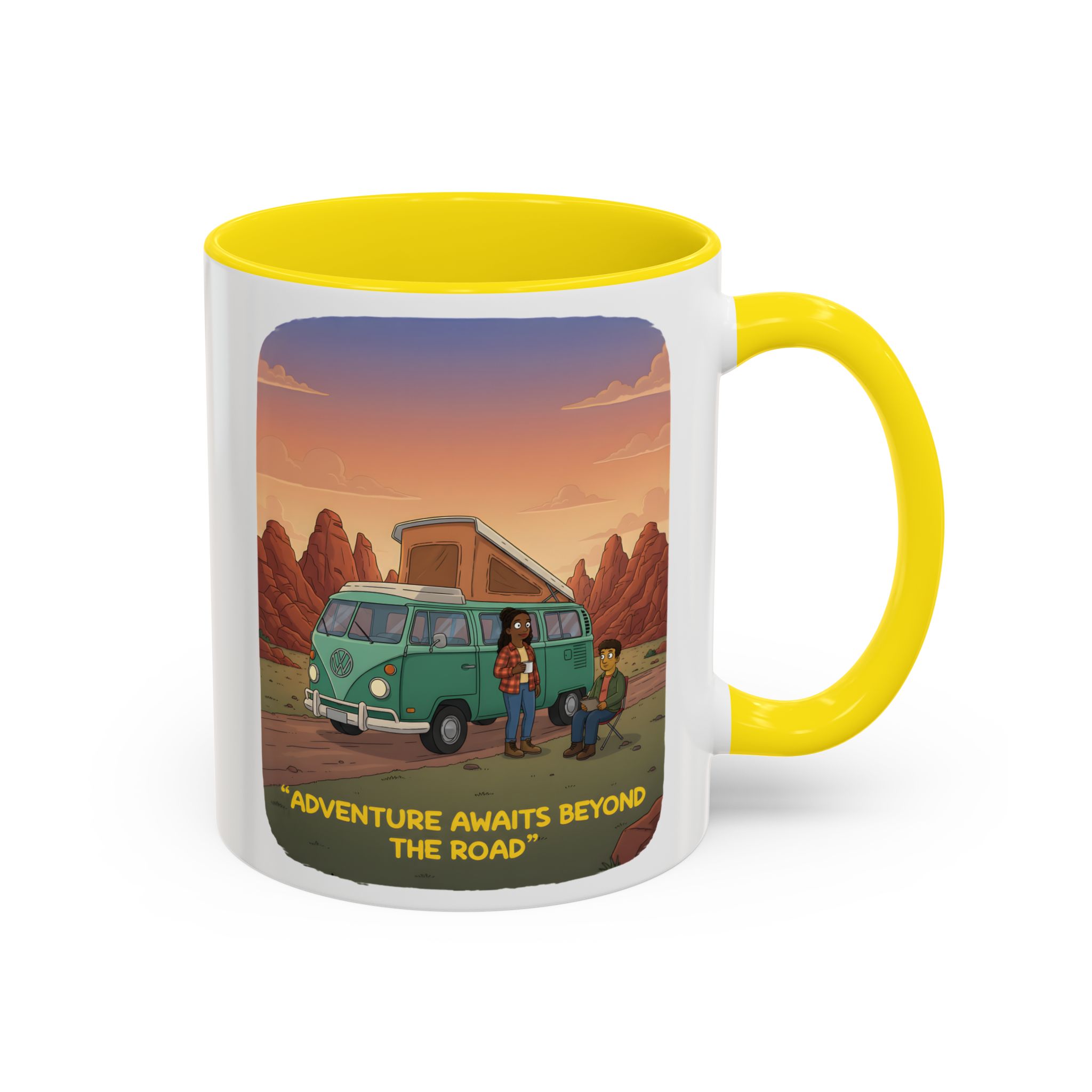 Accent Coffee Mug (11, 15oz) — "Adventure Awaits Beyond The Road" Design Sitcom-Line
