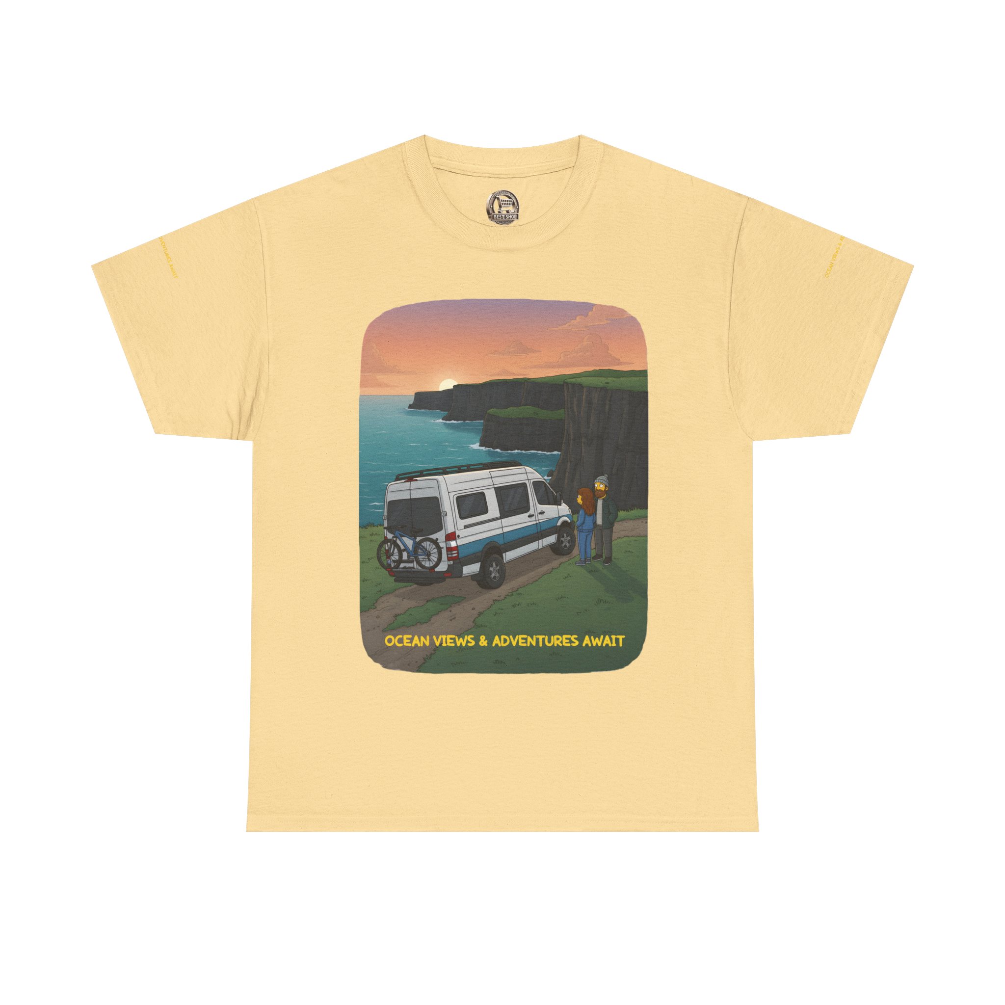 Unisex Heavy Cotton Tee — "Ocean Views-Adventures Awaits" Design Sitcom-Line