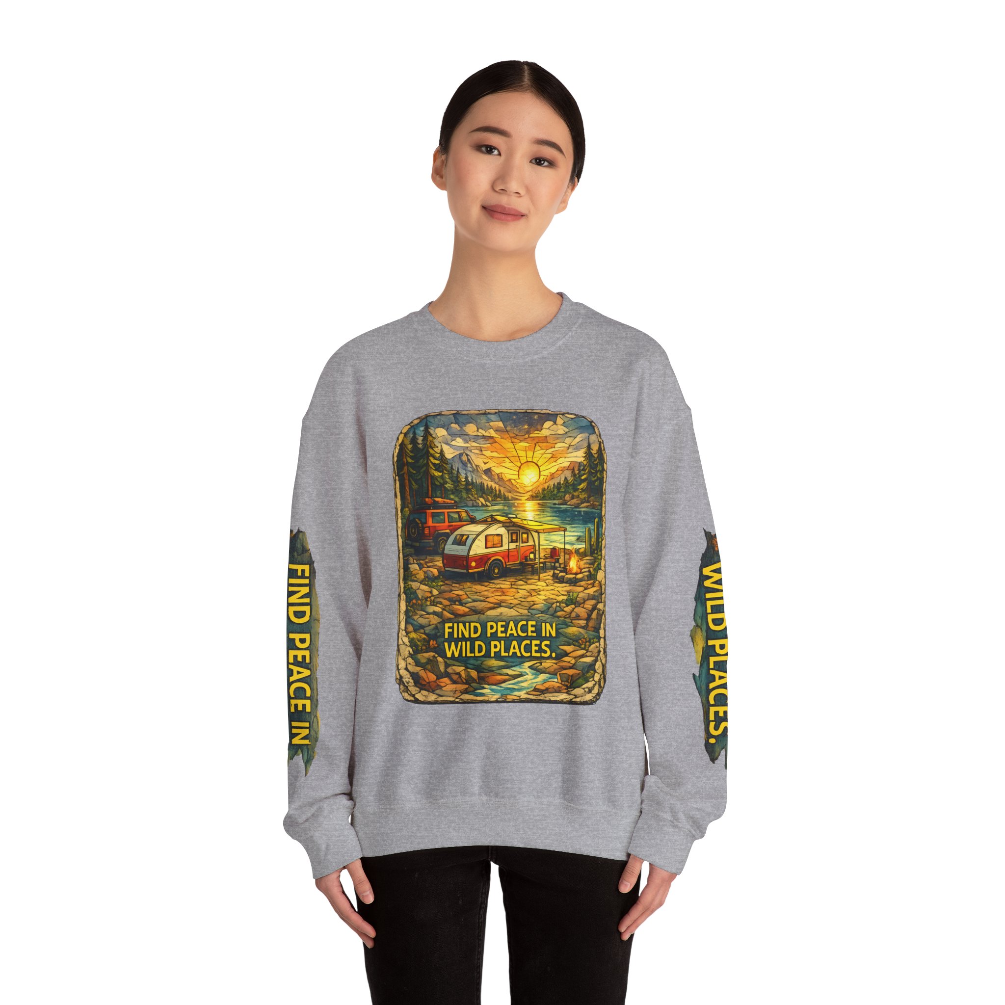 Unisex Heavy Blend™ Crewneck Sweatshirt — "Find Peace In Wild Places" Design Cubic-Line