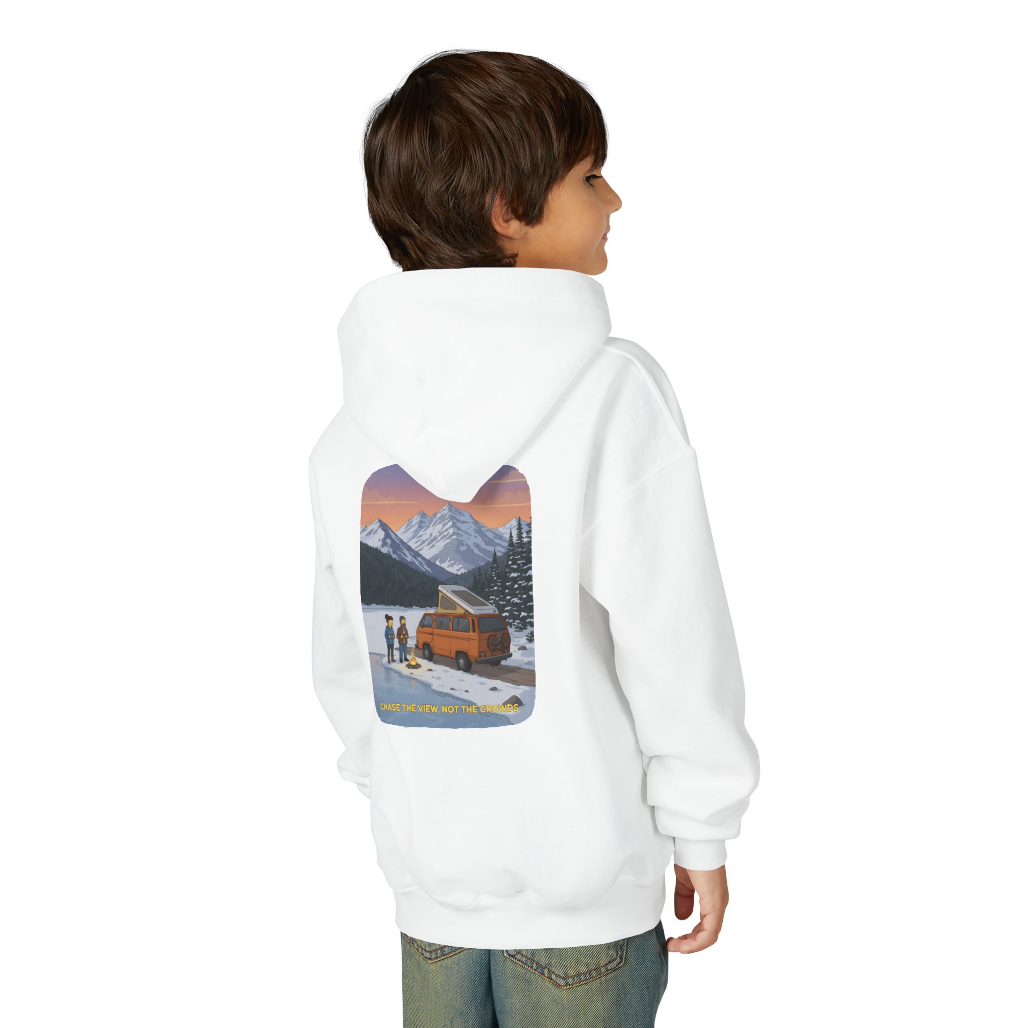 Youth Hoodie(Gildan) – "Chase The Views-Not The Crowds" (Design Sitcom-Line)