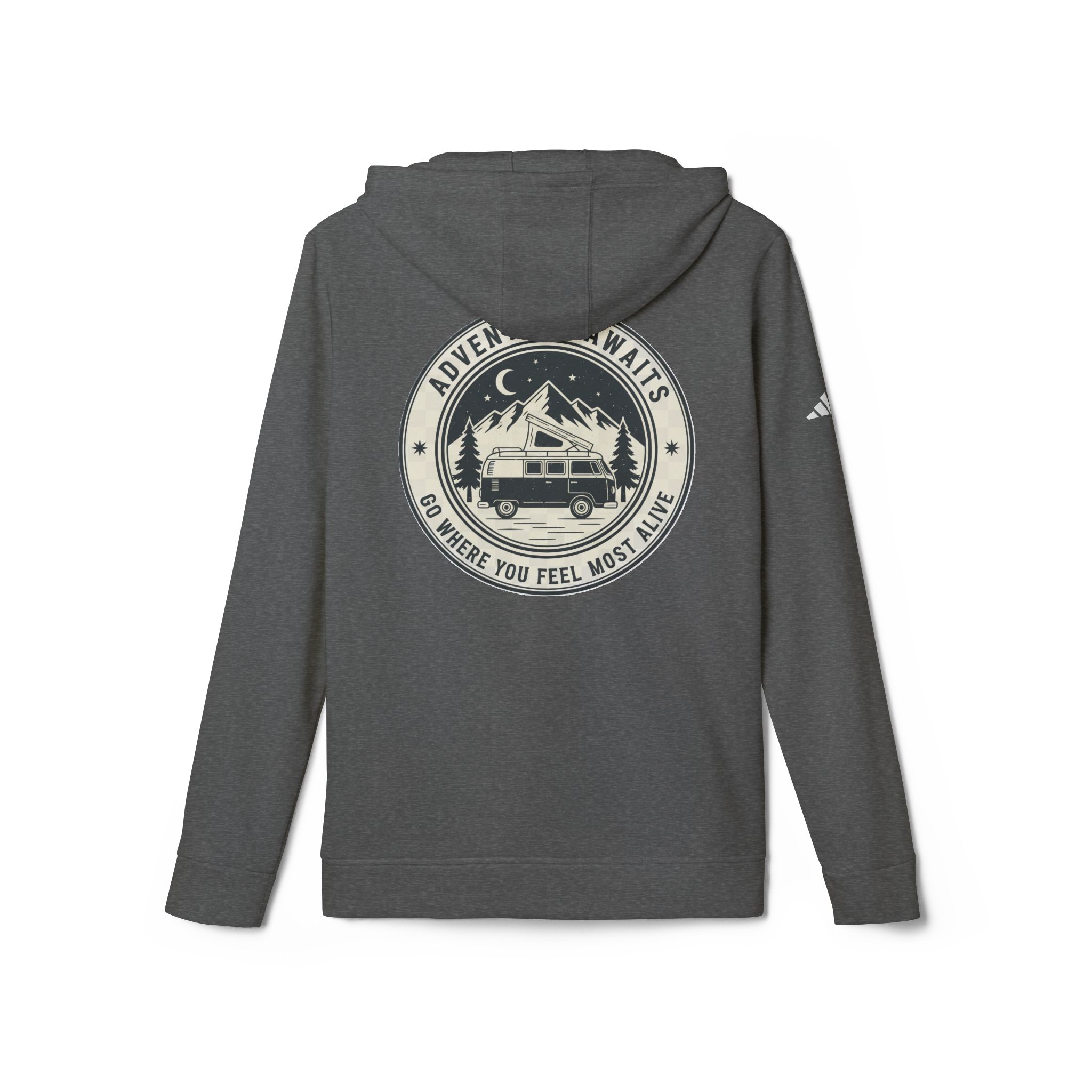 Hoodie(Adidas) — 'Adventure Awaits-Go Where You Feel Most Alive' Outdoor Travel Pullover (Front + Back Printed)