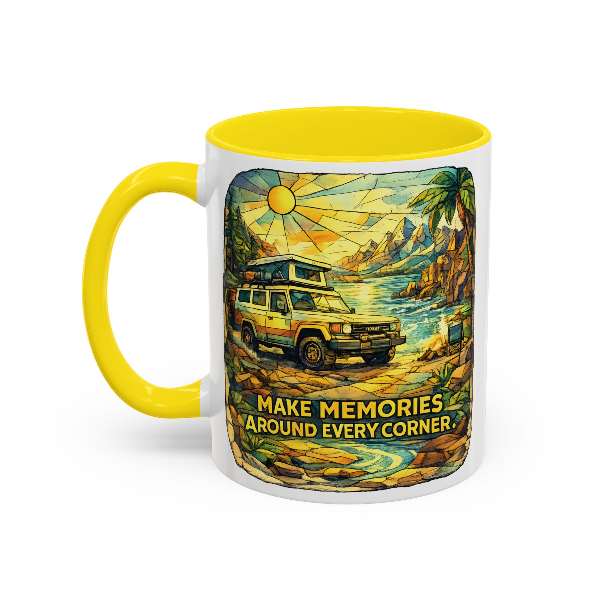 Accent Coffee Mug (11, 15oz) — "Make Memories Around Every Corner" Design Cubic-Line