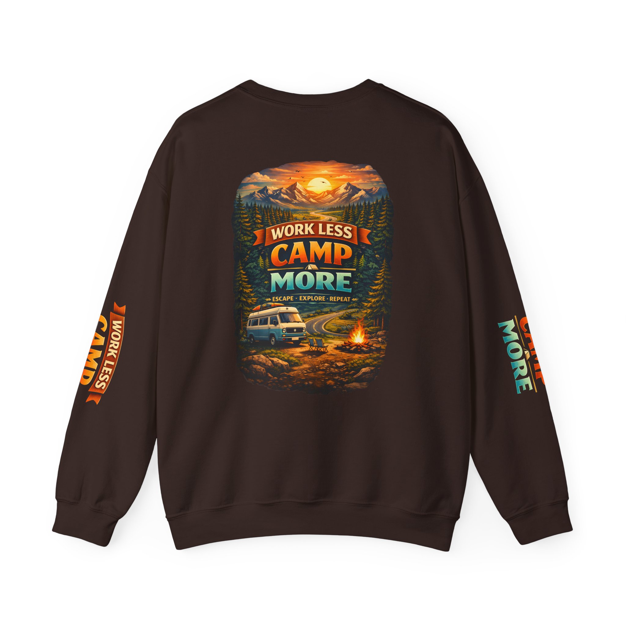 Unisex Heavy Blend™ Crewneck Sweatshirt — "Work Less-Camp More" Design Scenic-Line