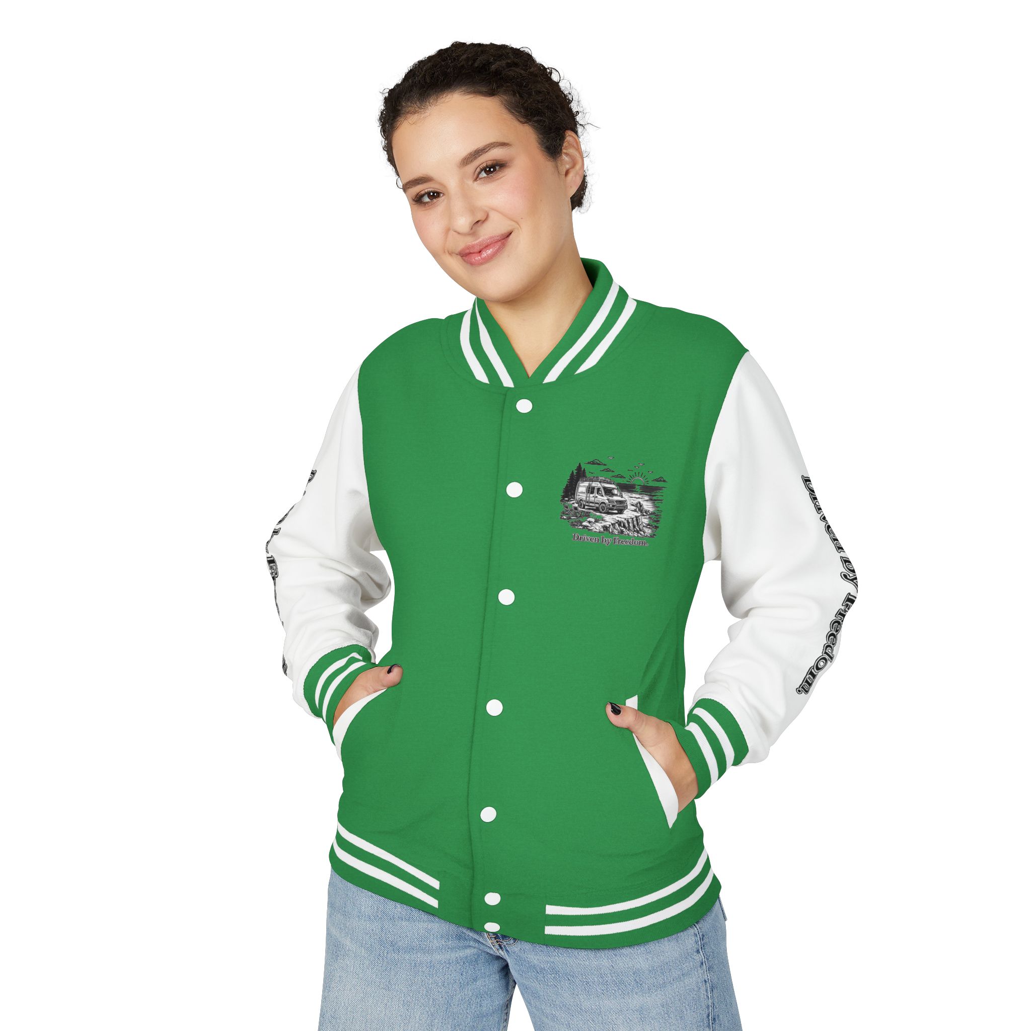 Unisex Heavyweight Letterman Jacket — "Driven By freedom" Travel Varsity Coat