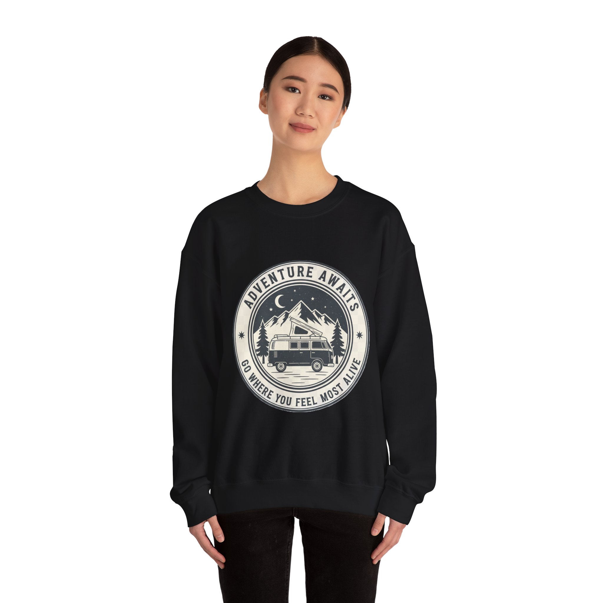 11813563096018448046_2048.jpeg Crewneck Sweatshirt — "Adventure Awaits-Go Where You Feel Most Alive" (Only Font printed) Vintage Camper Van Outdoor Graphic