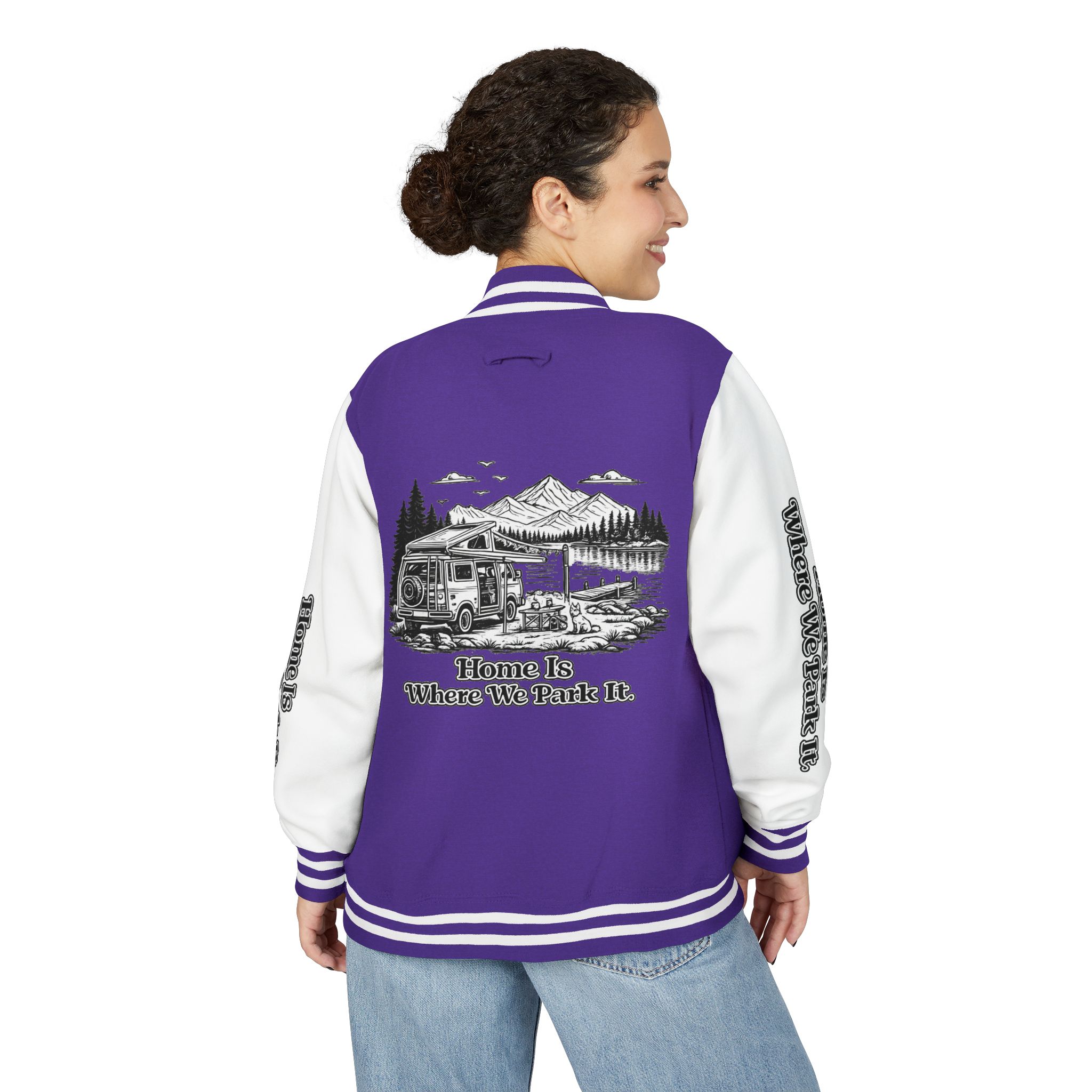 Unisex Heavyweight Letterman Jacket — "Home Is Where You Park It" Travel Varsity Coat