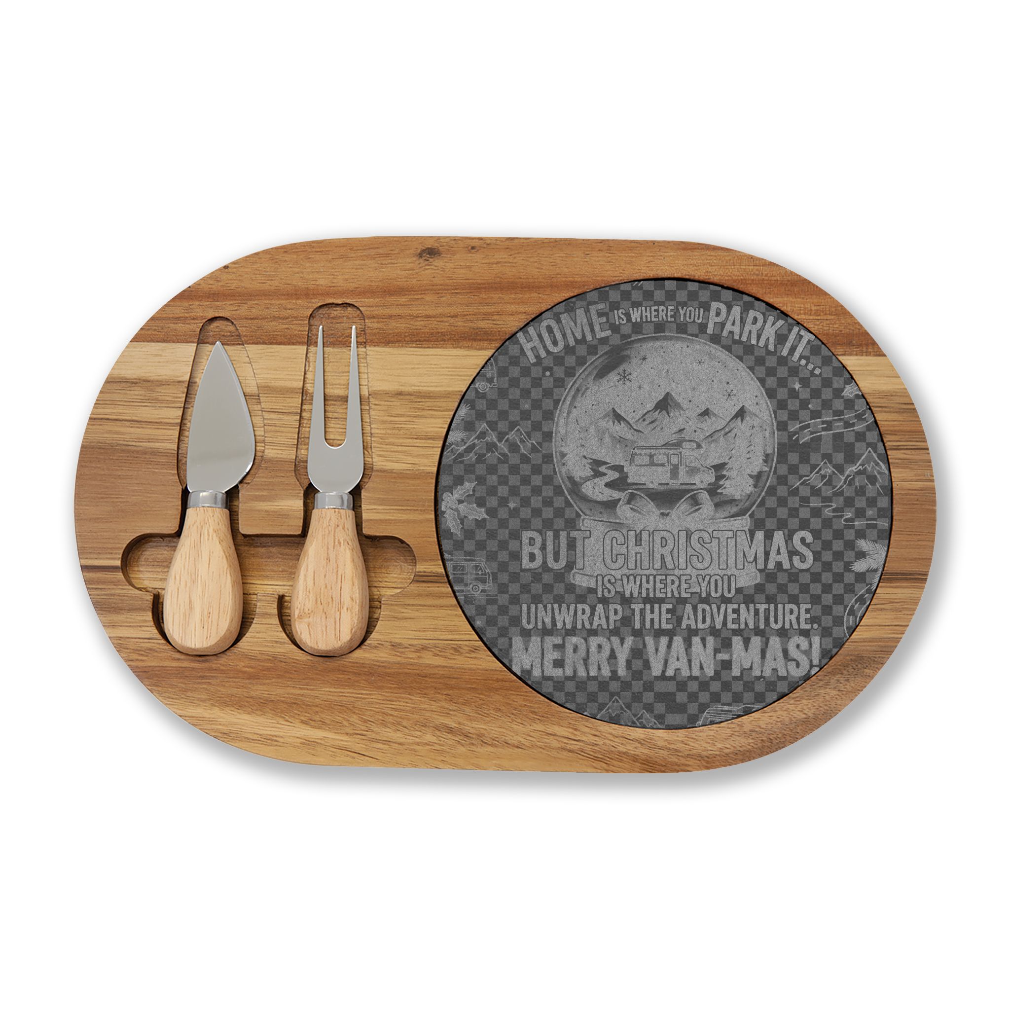 "Gift" Engraved Oak Charcuterie Board with Cheese Tools — "Home Is Where You Park It-But Christmas Is Where You Unwrap The Adventure - Merry Van-mas"