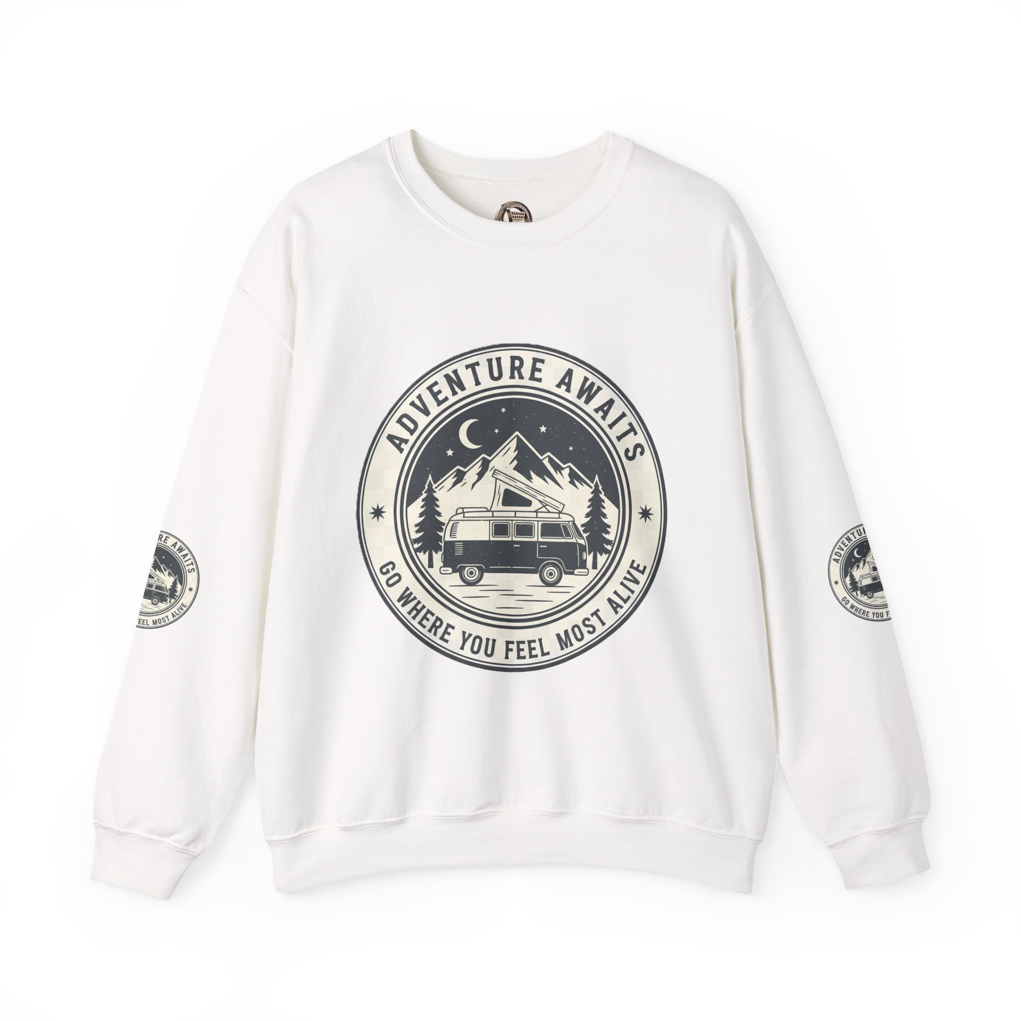Crewneck Sweatshirt — "Adventure Awaits-Go Where You Feel Most Alive" (Font + Back + Sleaves printed) Vintage Camper Van Outdoor Graphic