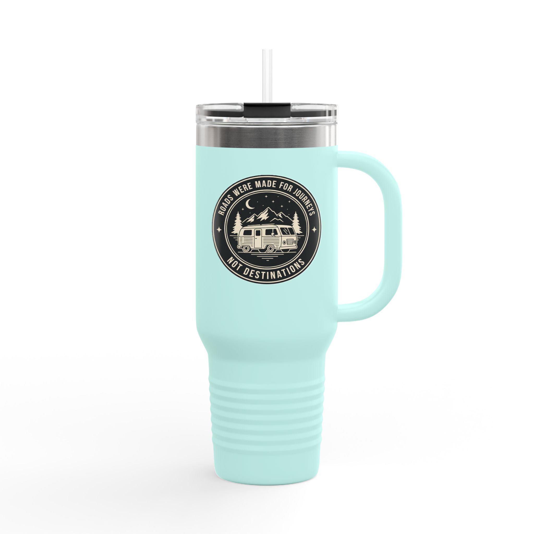 Insulated Travel Mug -'ROAD WHERE MADE FOR JOURNEYS-NOT DESTINATIONS' (40oz ) – Retro Camper Design, Keep Drinks Hot or Cold