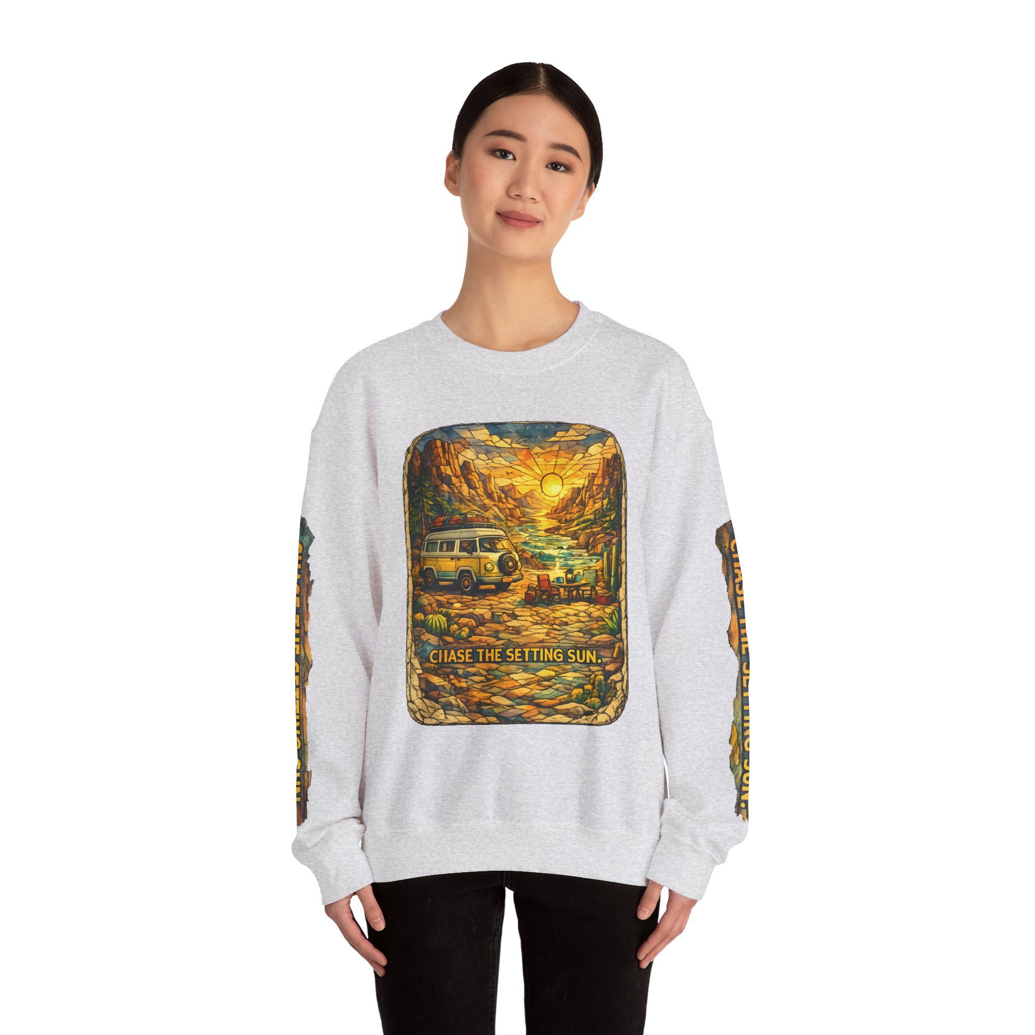 Unisex Heavy Blend™ Crewneck Sweatshirt — "Chase The Settings Sun" Design Cubic-Line