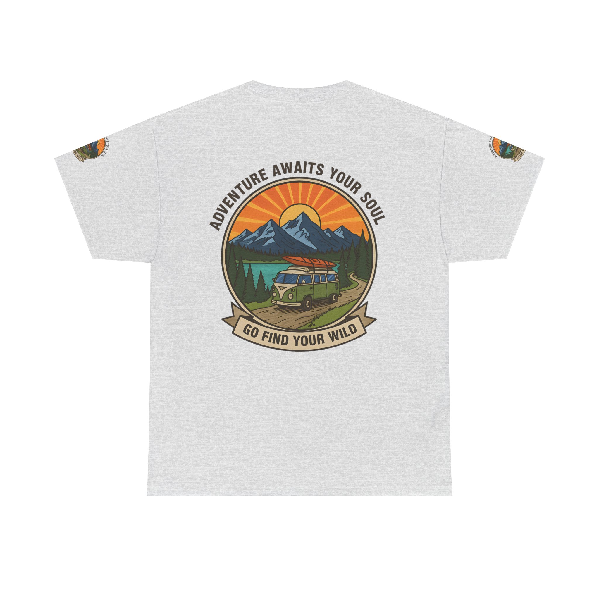 Unisex Heavy Cotton Tee — “Adventure Awaits Your Soul: Go Find Your Wild” Van & Mountain Graphic