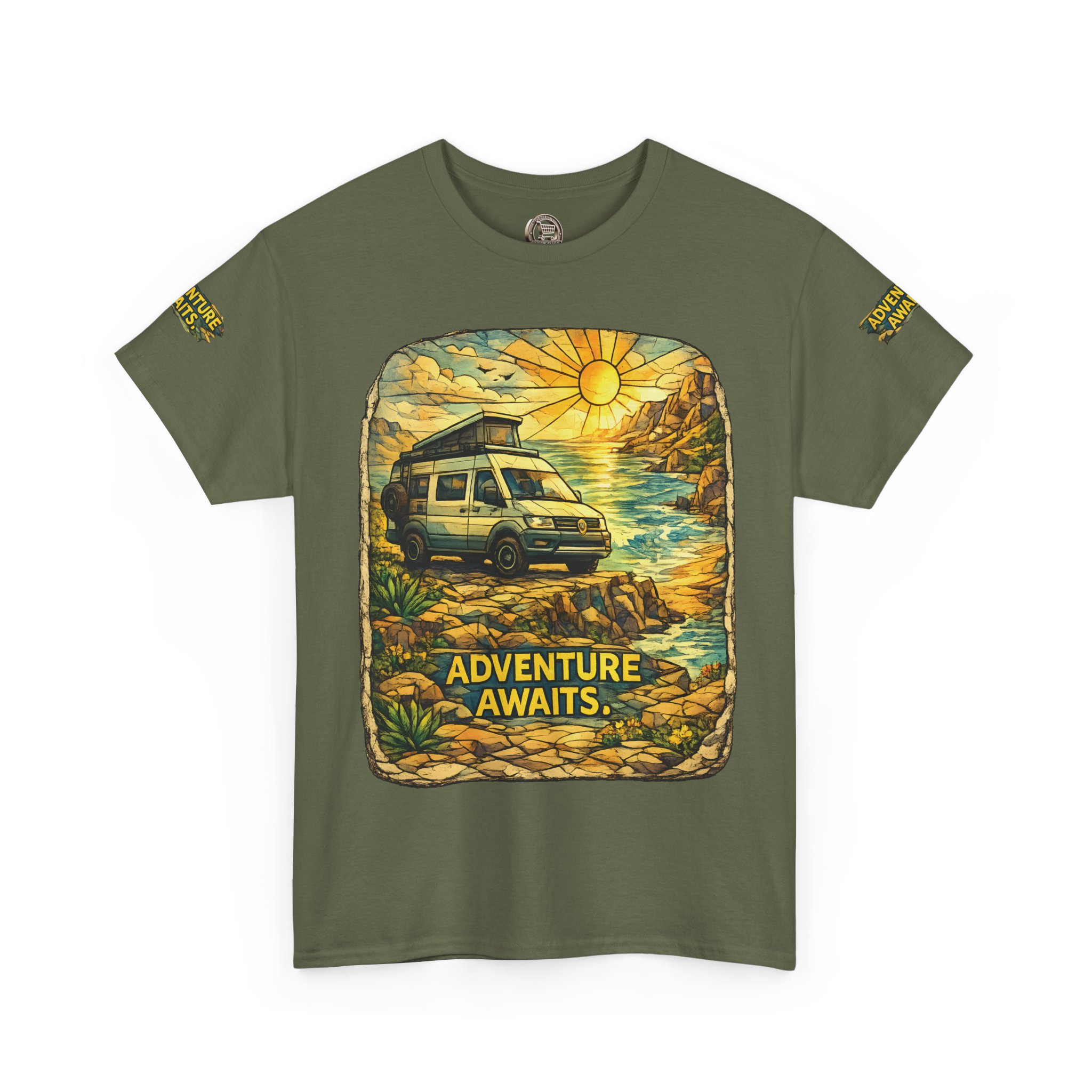 Unisex Heavy Cotton Tee — "Adventure Awaits" Design Cubic-Line
