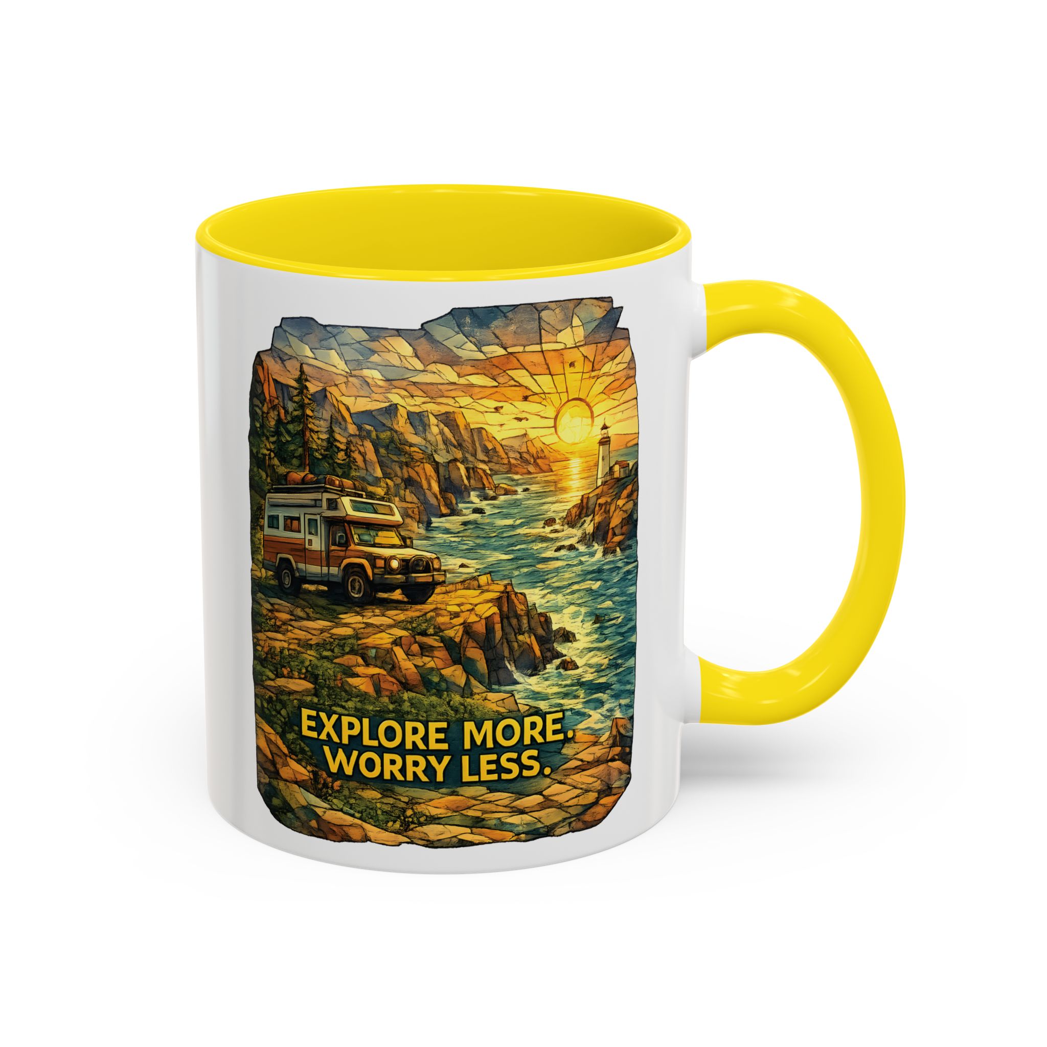Accent Coffee Mug (11, 15oz) — "Explore More Worry Less" Design Cubic-Line