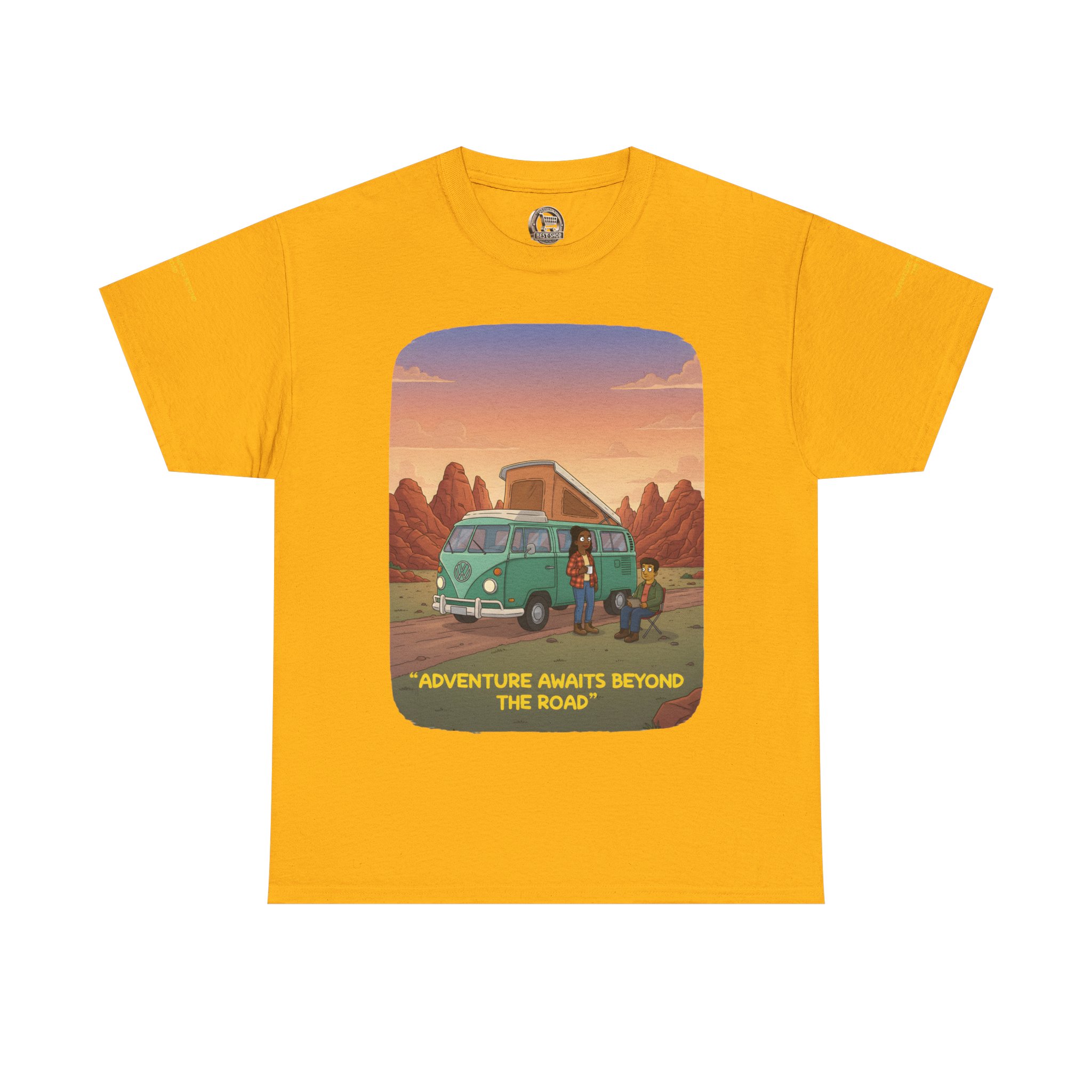 Unisex Heavy Cotton Tee — "Adventure Awaits Beyond The Road" Design Sitcom-Line