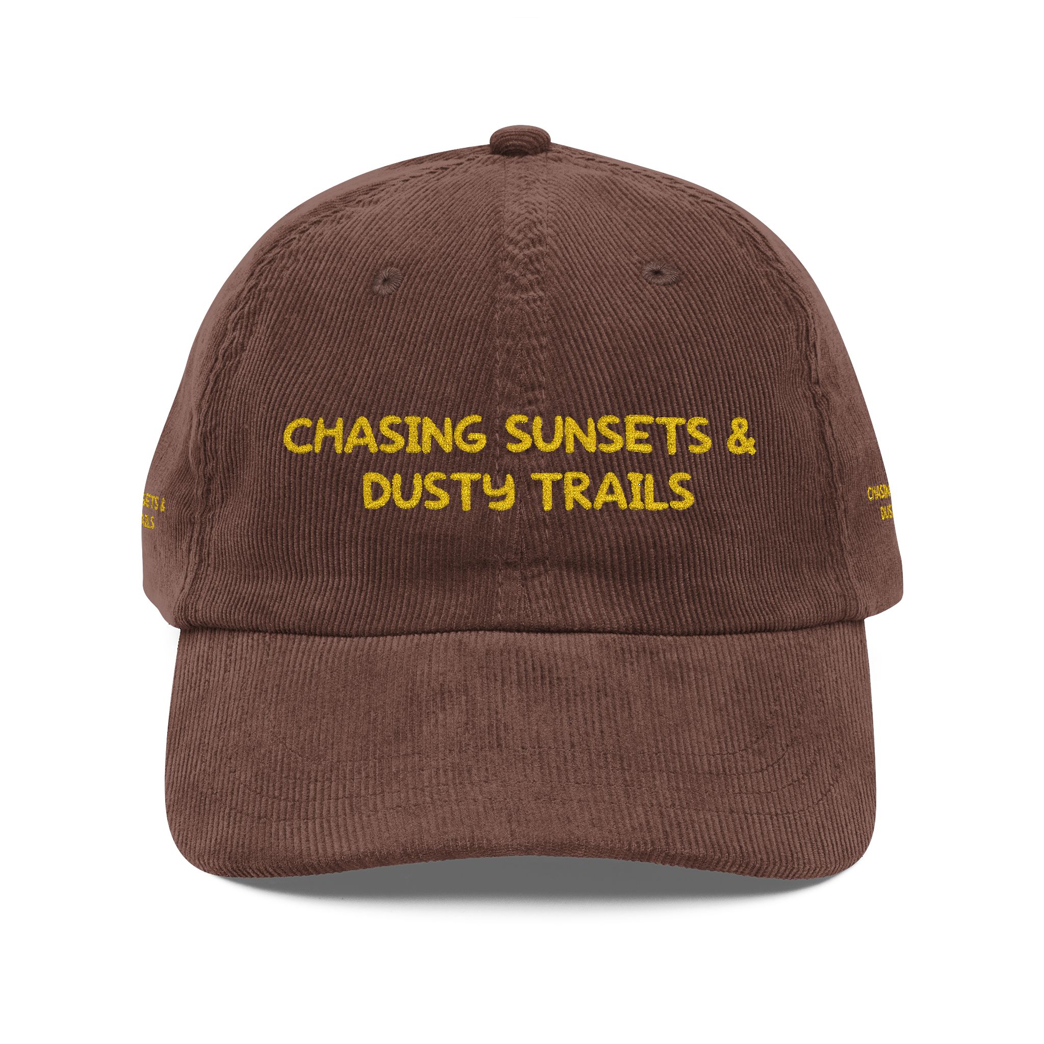 Vintage Corduroy Cap (Embroidery) — "Chasing Sunsets & Dusty Trails" Embroidered Hat