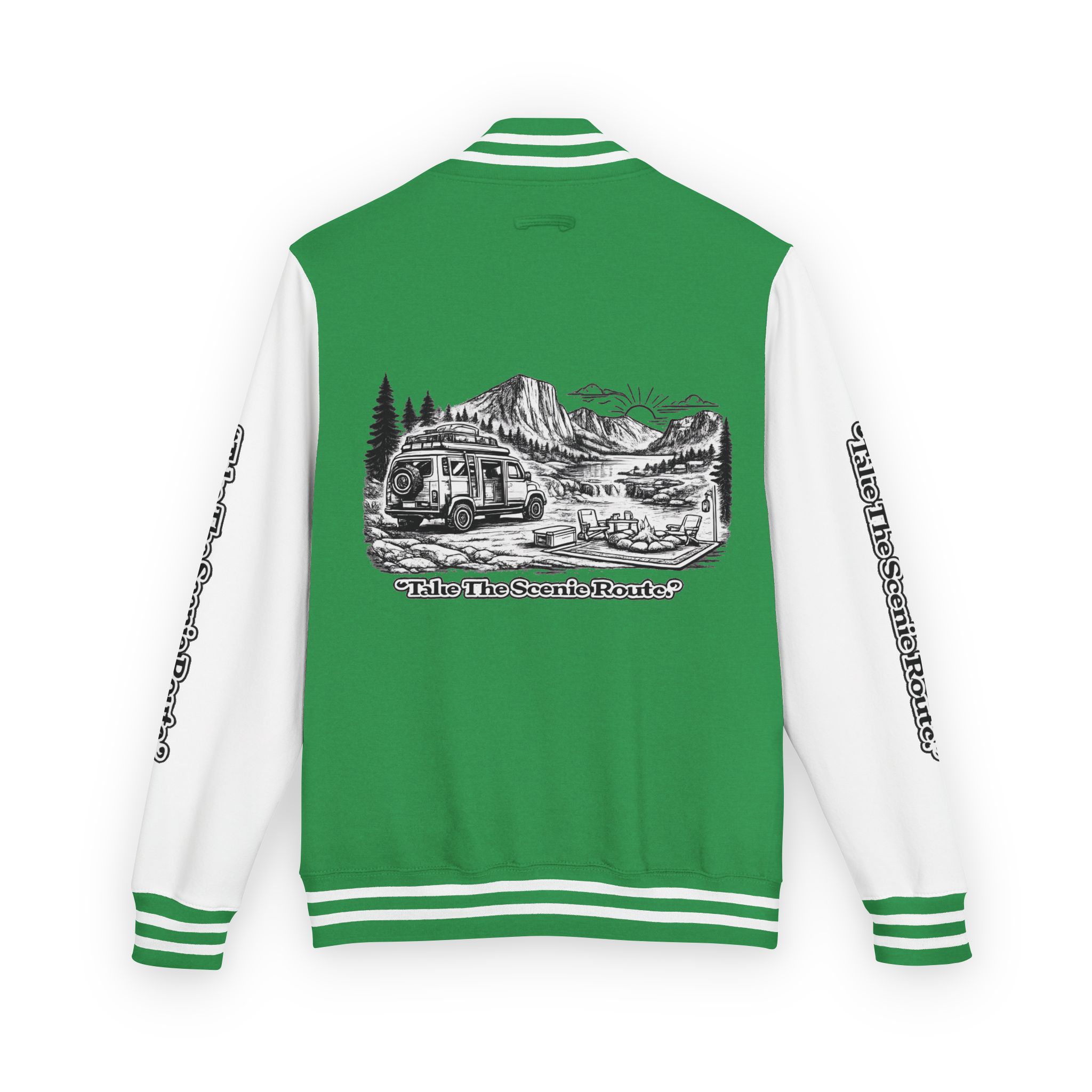 Unisex Heavyweight Letterman Jacket — "Take The Scenic Route" Travel Varsity Coat