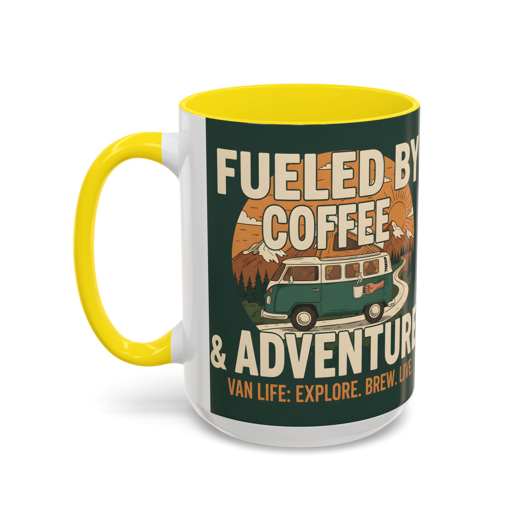 Accent Coffee Mug (11, 15oz) — "Fueled by Coffee & Adventure"