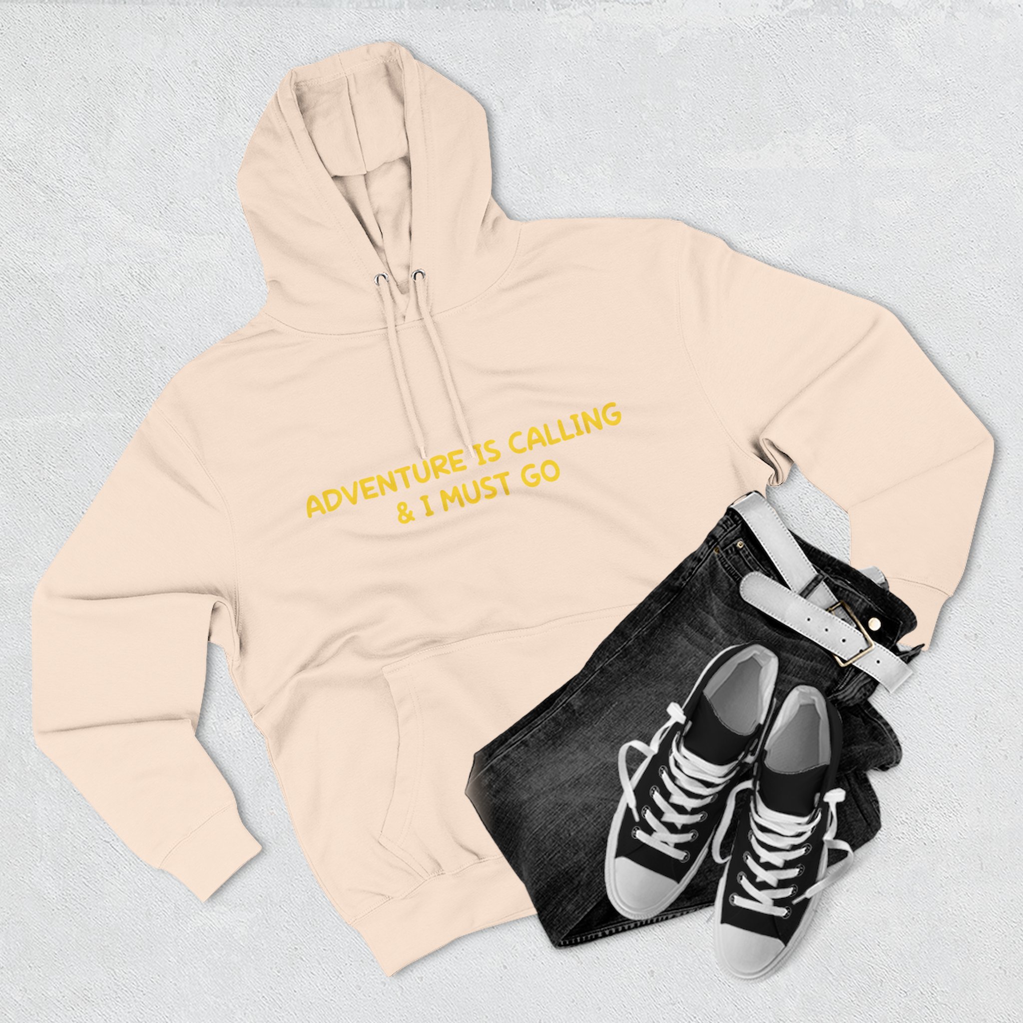 Three-Panel Fleece Hoodie - "Adventure Is Calling-I Must Go" Design Sitcom-Line