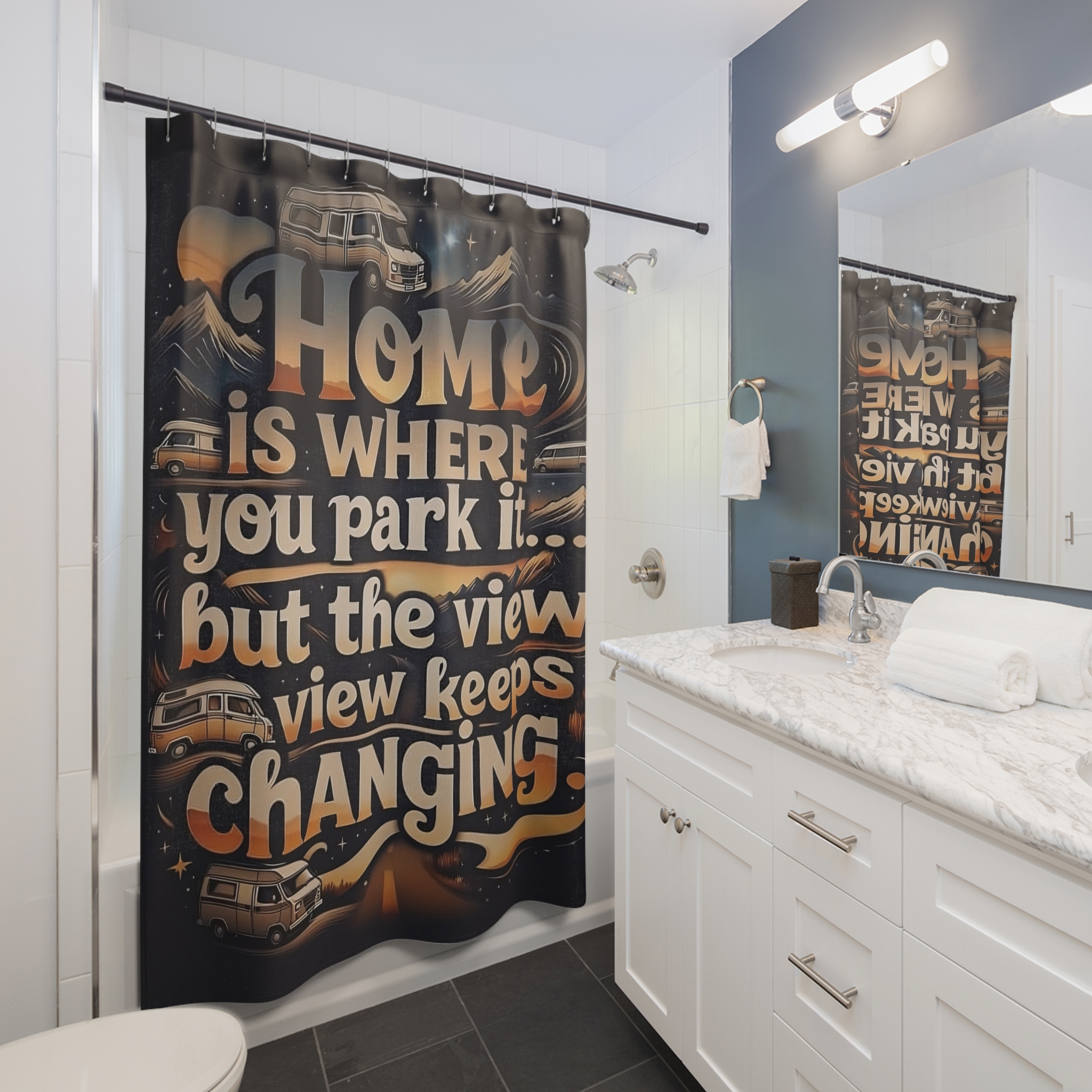 "NEW"Vintage Cabin Seal Shower Curtain – "Home Is Where You Park It -But The View keep Changing" Rustic Mountain Lodge Bathroom Decor