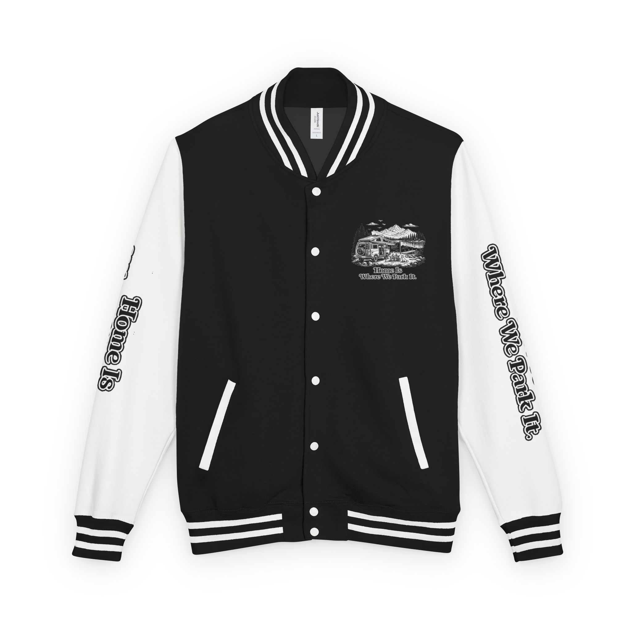 Unisex Heavyweight Letterman Jacket — "Home Is Where You Park It" Travel Varsity Coat
