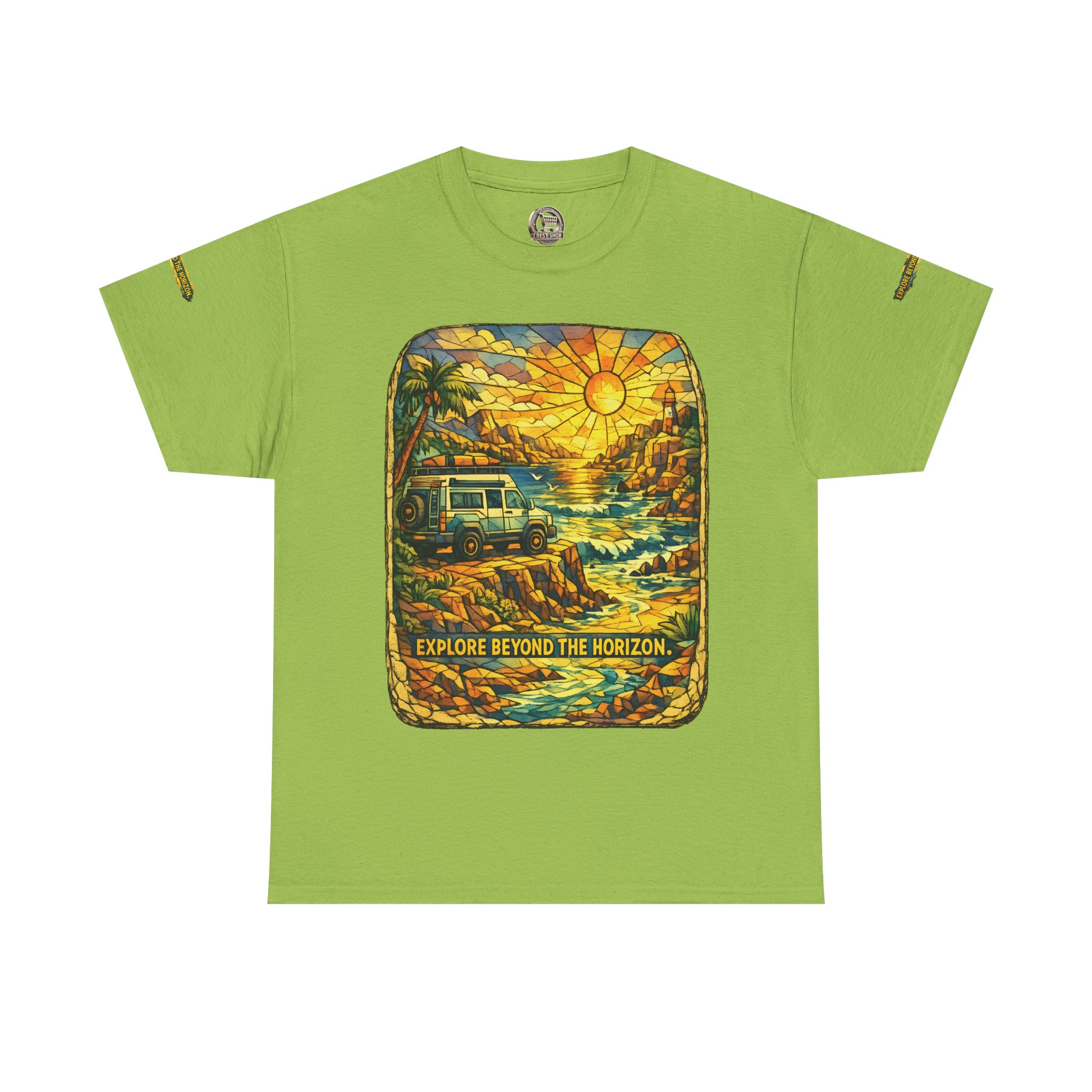 Unisex Heavy Cotton Tee — "Explore Beyond The Horizon" Design Cubic-Line