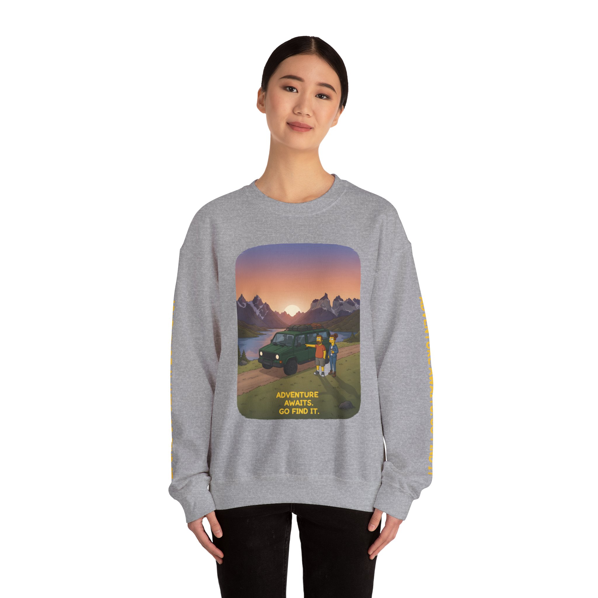 Unisex Heavy Blend™ Crewneck Sweatshirt — "Adventure Awaits-Go Find It" Design Sitcom-Line