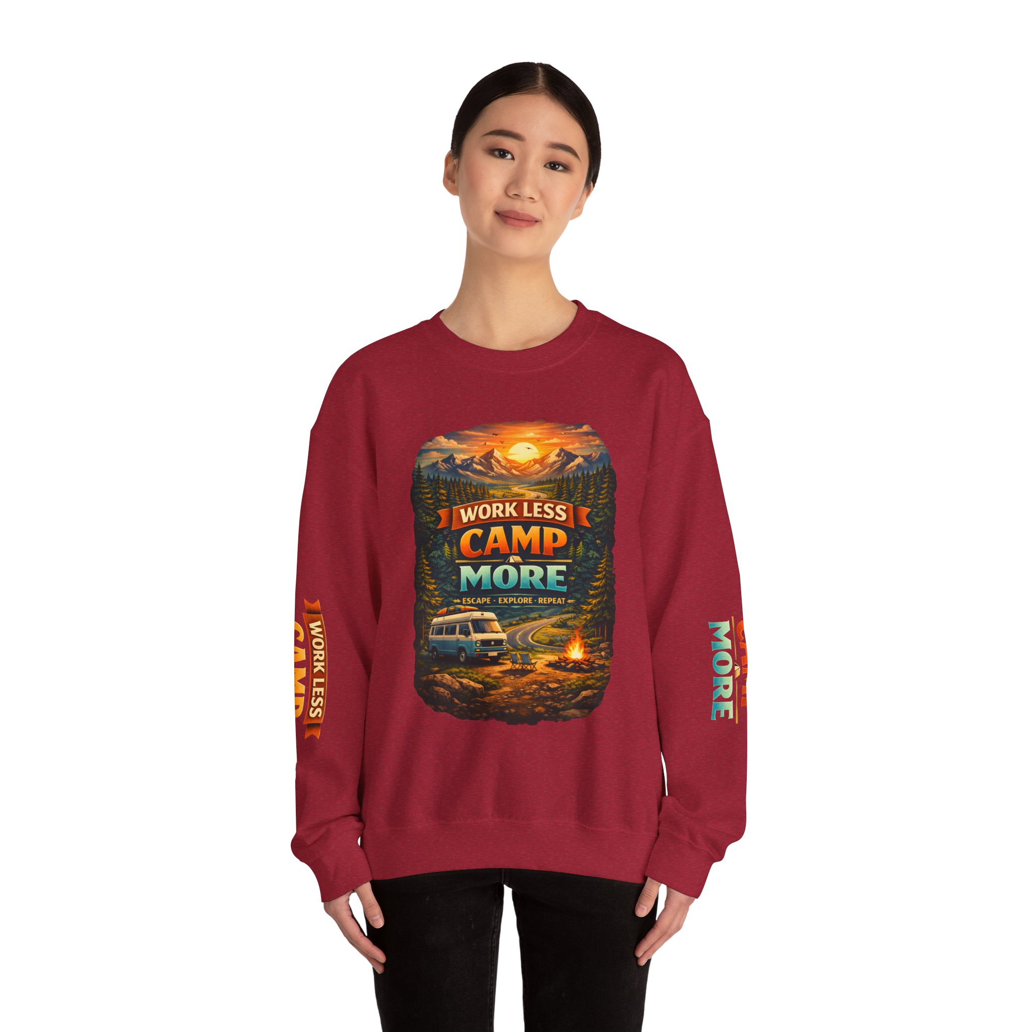 Unisex Heavy Blend™ Crewneck Sweatshirt — "Work Less-Camp More" Design Scenic-Line