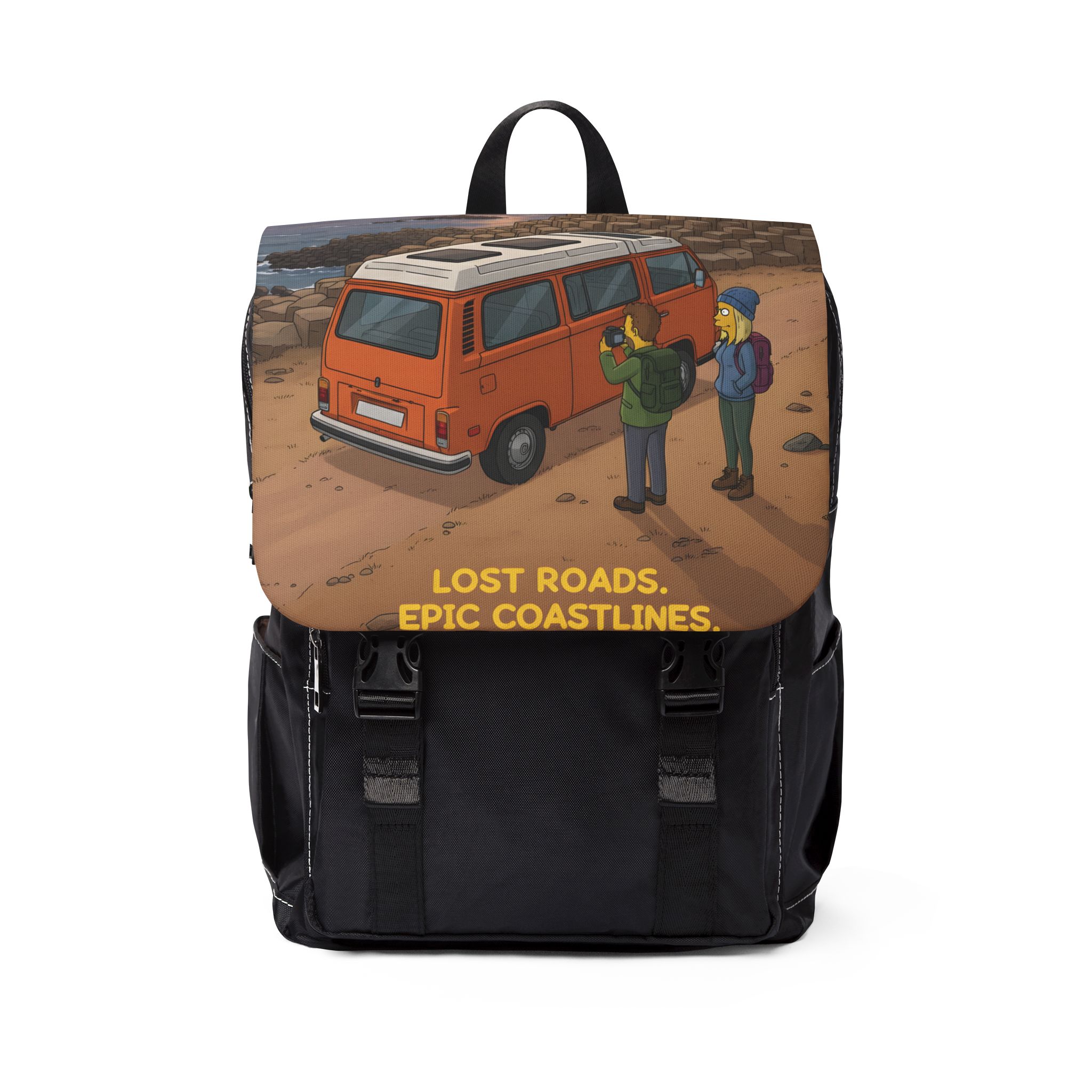 Unisex Casual Shoulder Backpack — "Lost Roads Epic Coastlines" Design Sitcom-Line