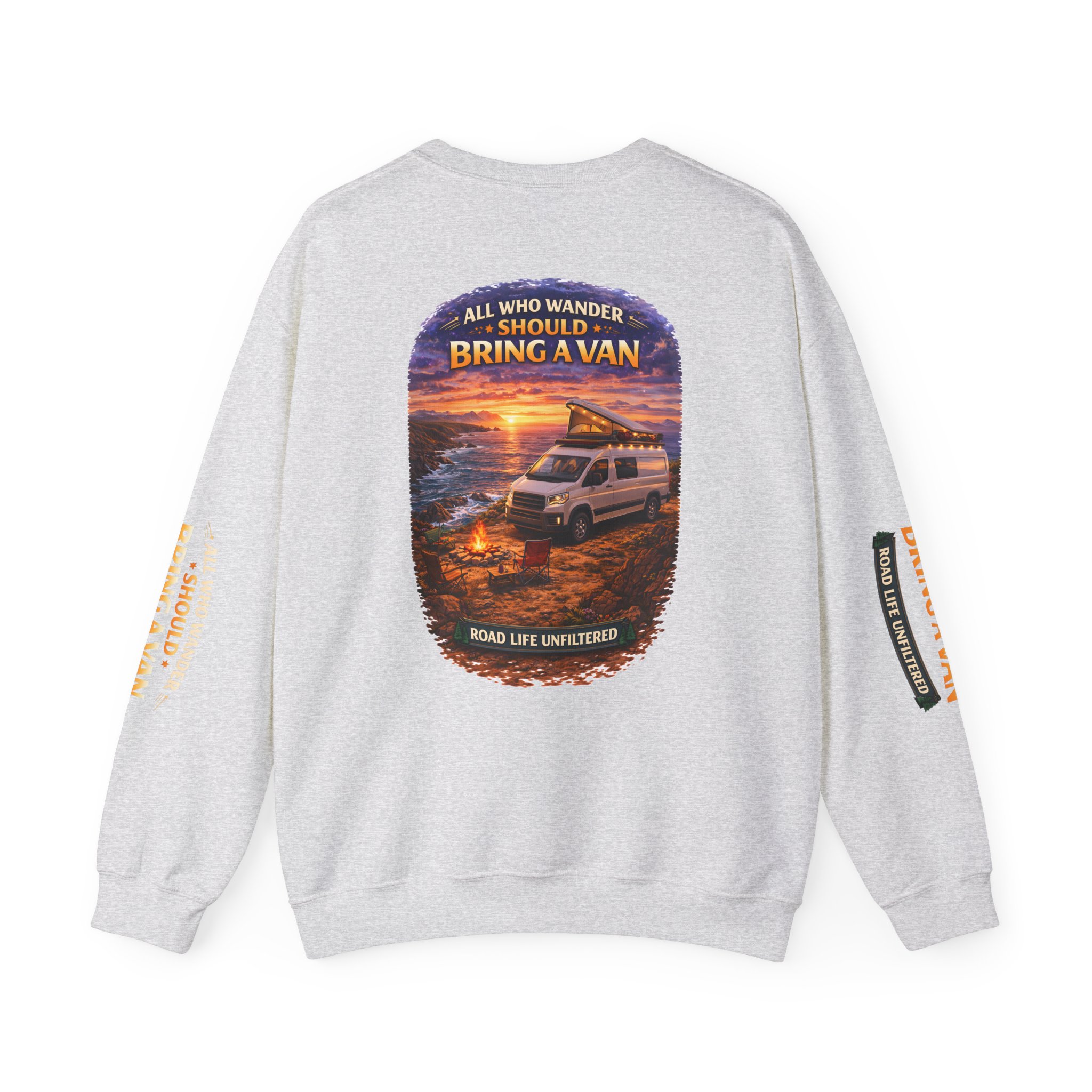 Unisex Heavy Blend™ Crewneck Sweatshirt — "All Who wander Should Bring A Van" Design Scenic-Line