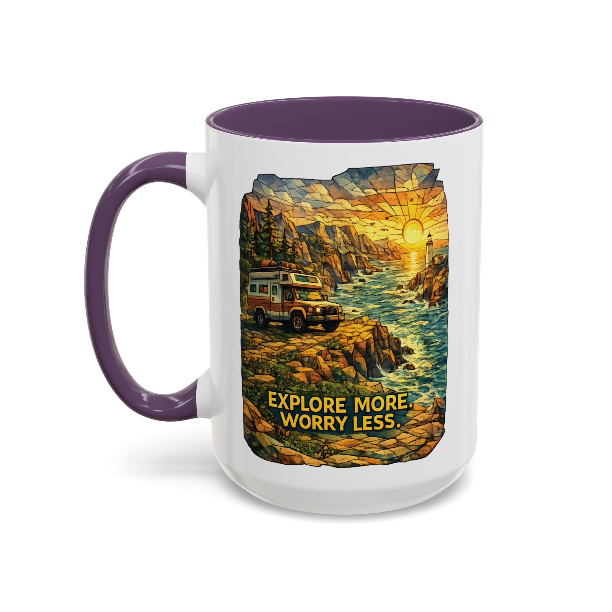 Accent Coffee Mug (11, 15oz) — "Explore More Worry Less" Design Cubic-Line