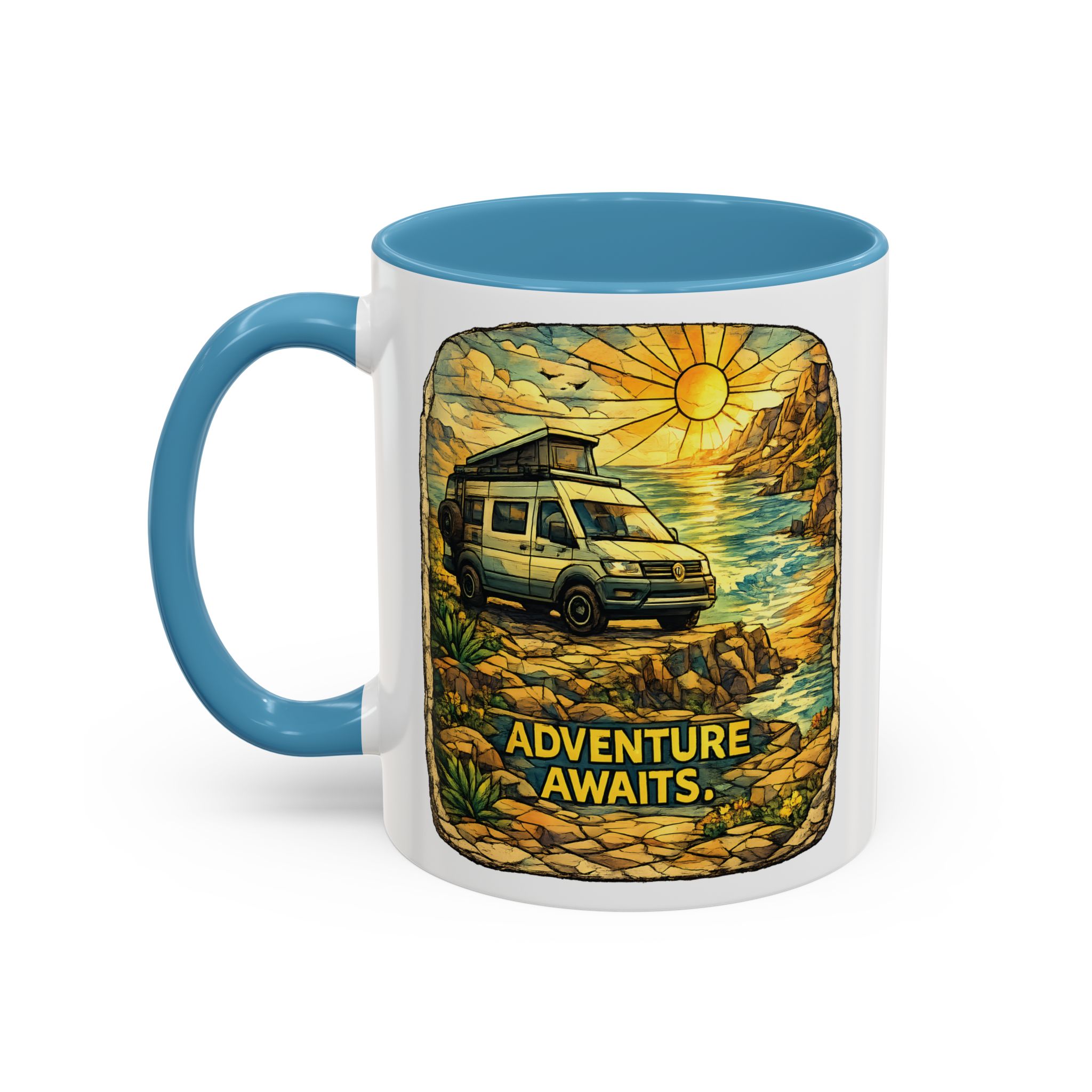 Accent Coffee Mug (11, 15oz) — "Adventure Awaits" Design Cubic-Line