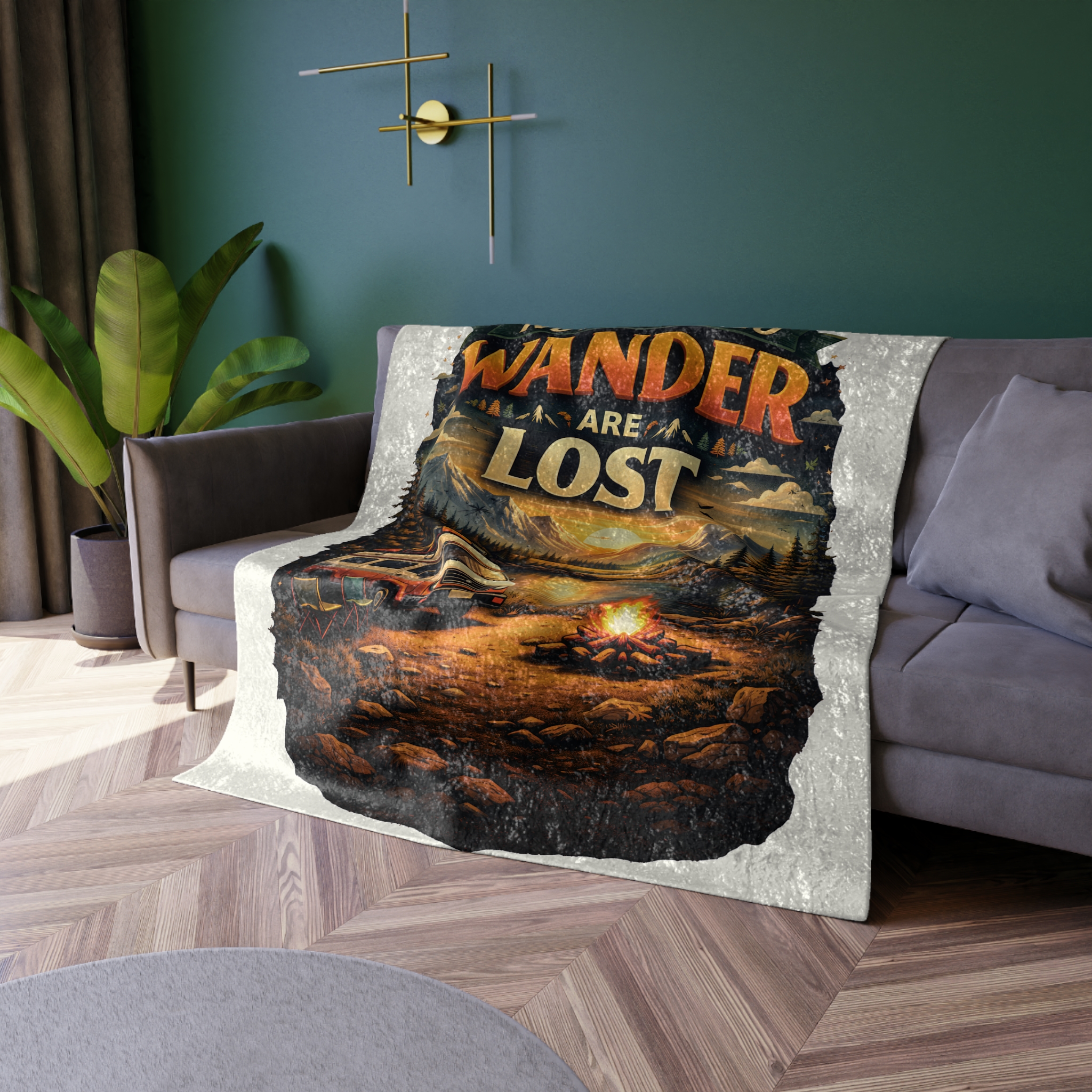 Crushed Velvet Blanket —"Not All Who Wander Are Lost" Design Scenic-Line (Campervan)
