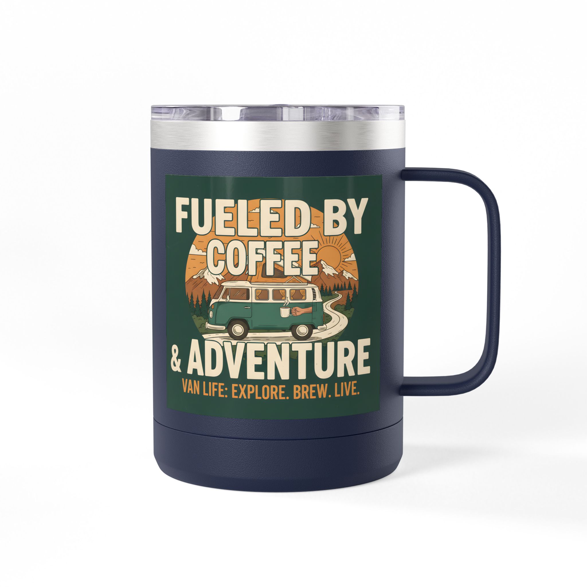 Coffee Mug Tumbler, 15oz — "Fueled by Coffee & Adventure"