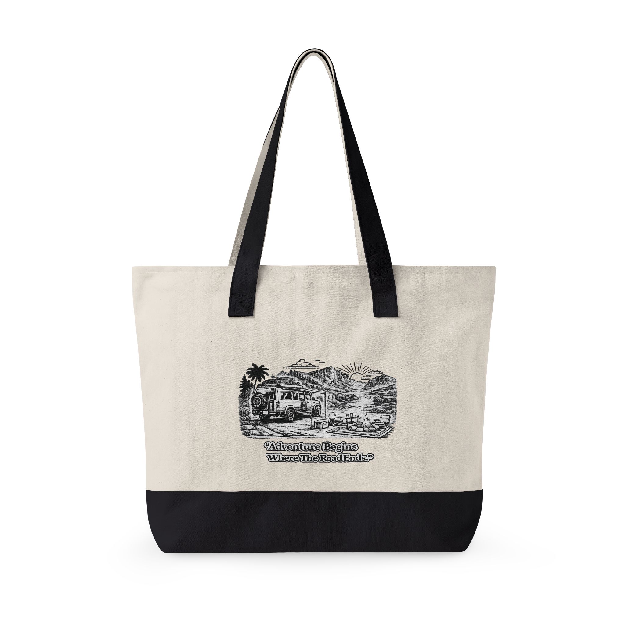 Zippered Canvas Tote — "Adventure Begins Where the Road Ends" (Design Minimal-Line)