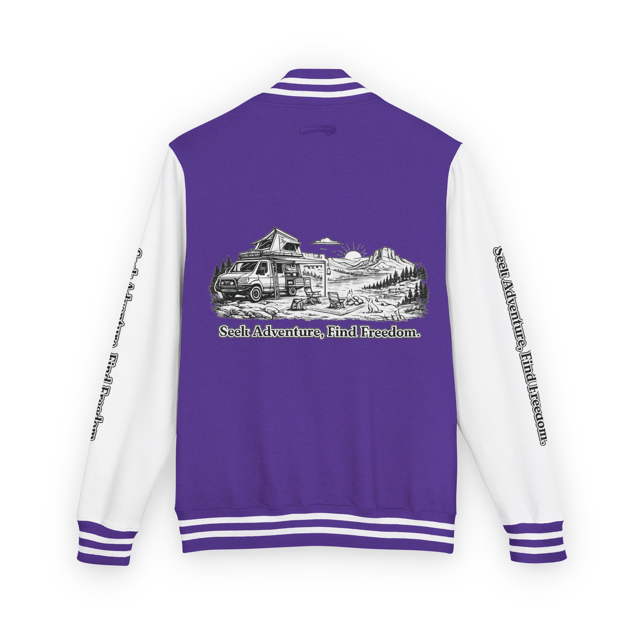 Unisex Heavyweight Letterman Jacket — "Seek Adventure, Find Freedom" Travel Varsity Coat