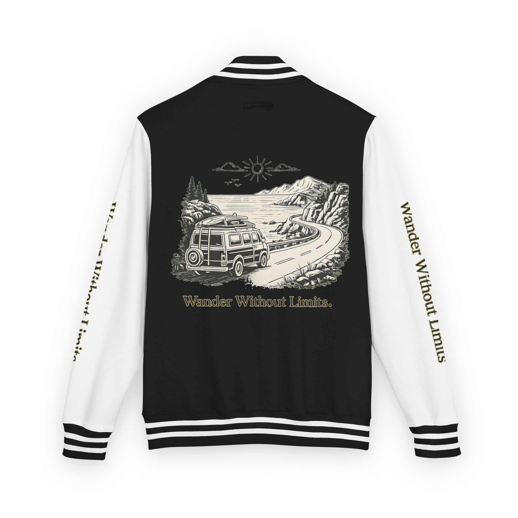 Unisex Heavyweight Letterman Jacket — "Wander Without Limits" Travel Varsity Coat