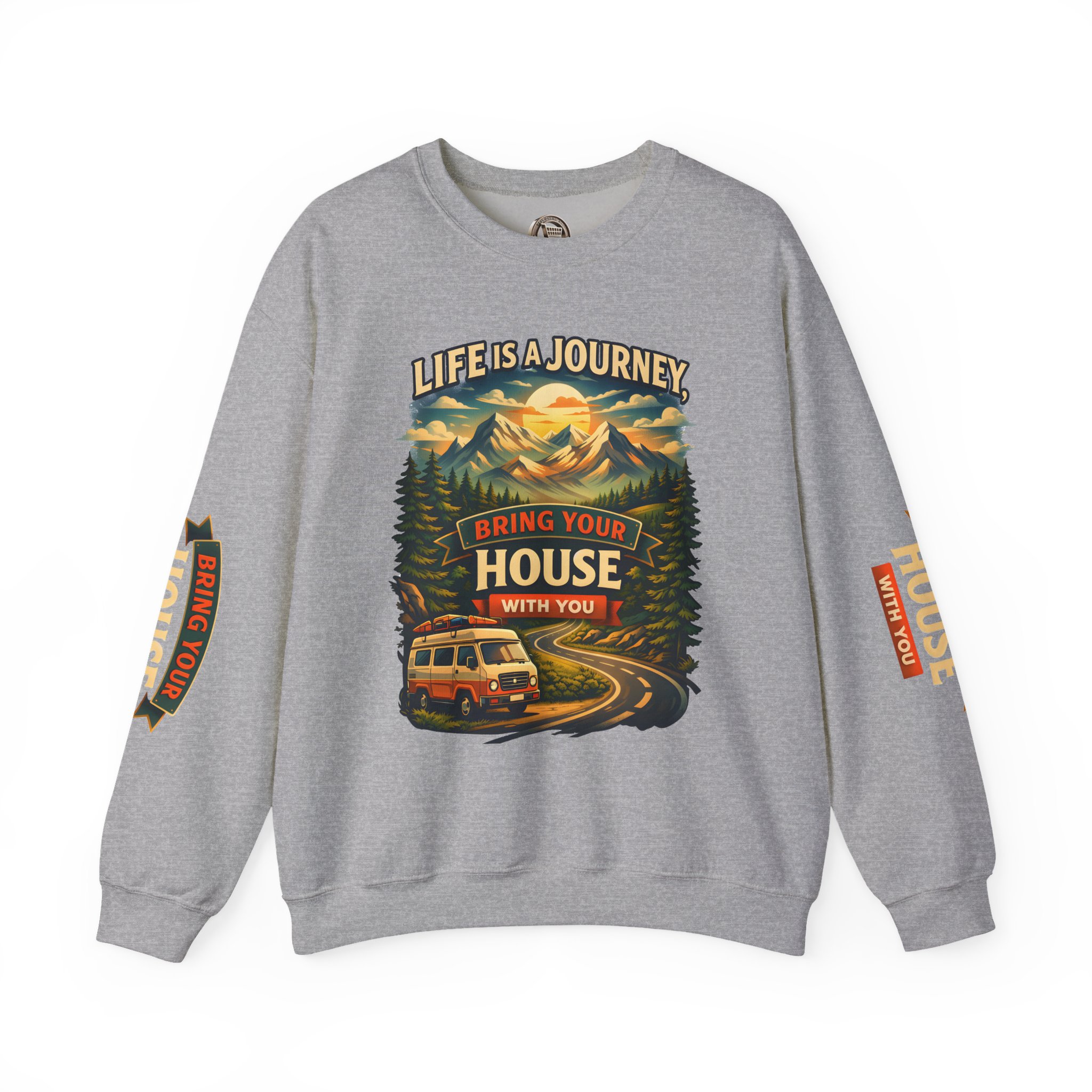 Unisex Heavy Blend™ Crewneck Sweatshirt — "Live Is A Journey-Bring Your House With You" Design Scenic-Line