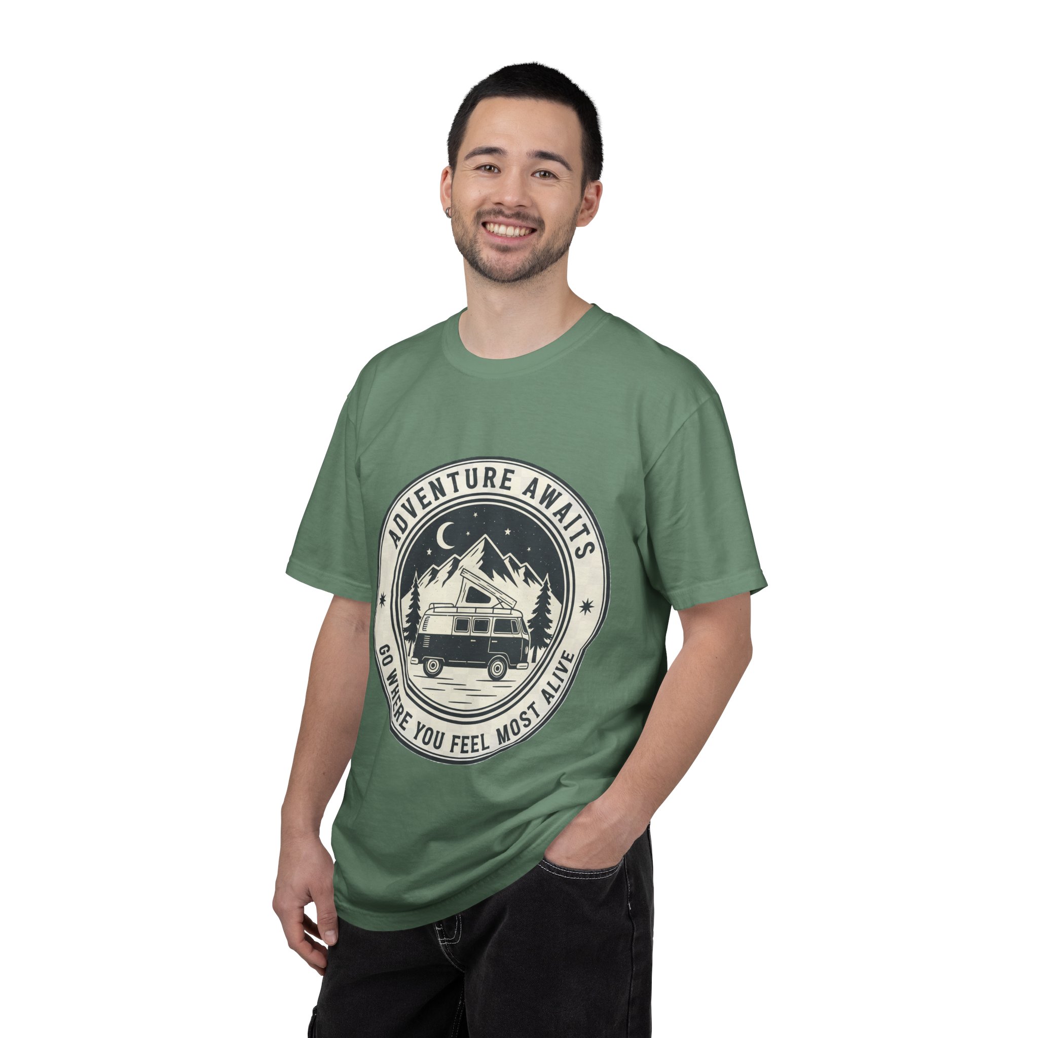 T-Shirt — "Adventure Awaits-Go Where You Feel Most Alive" (Only Front Printed) Outdoor Travel Tee