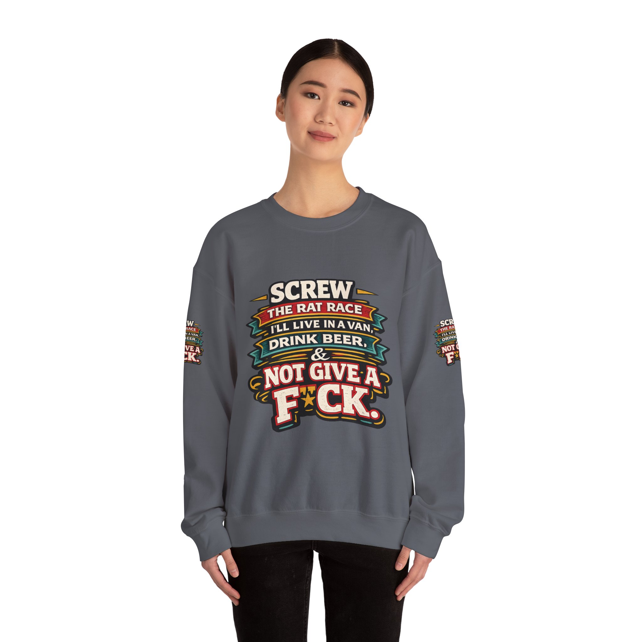 Unisex Heavy Blend™ Crewneck Sweatshirt — "Screw The Rat Race" Design F**K-Line