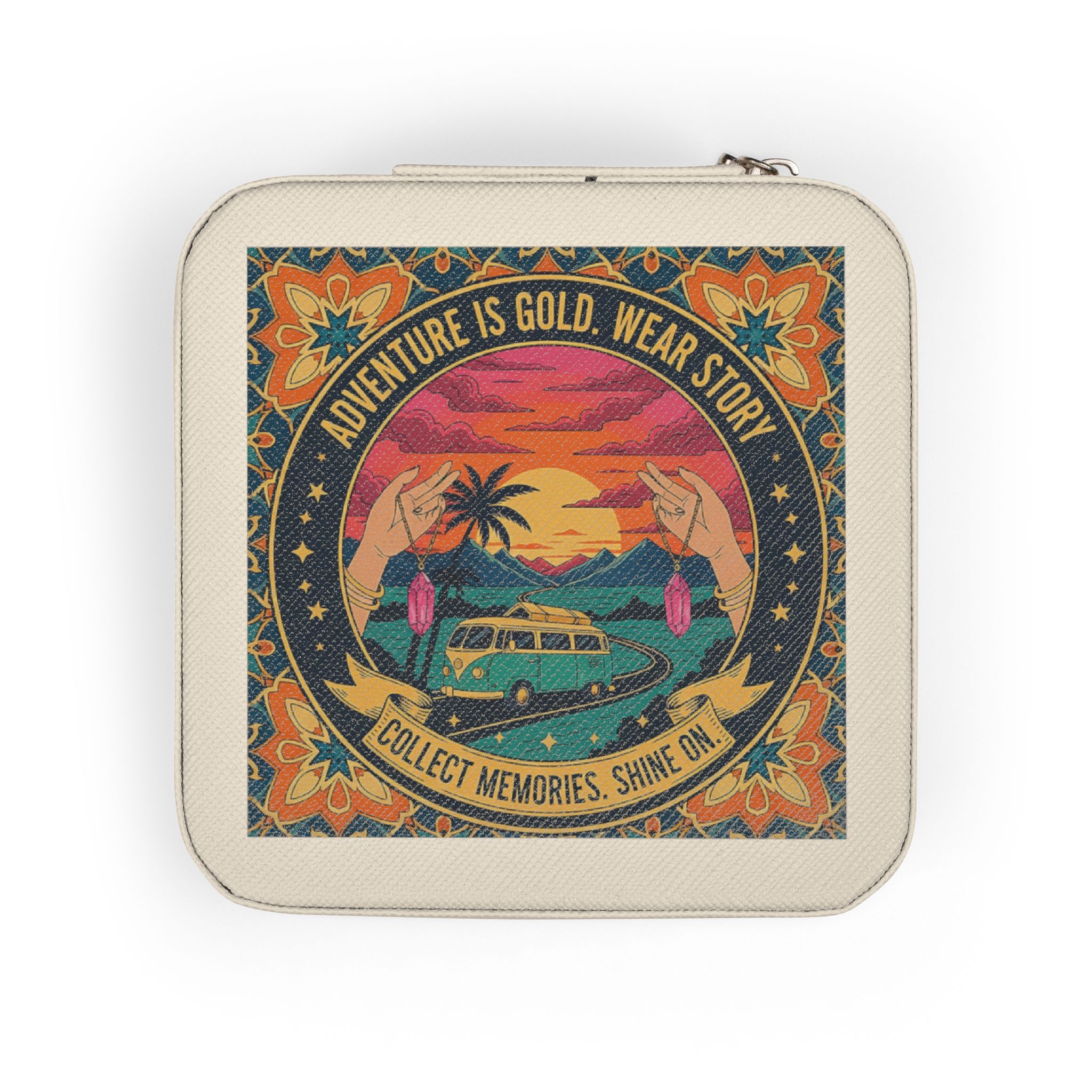 Retro Sunset Jewelry Travel Case — Compact Organizer for Rings, Earrings & Necklaces