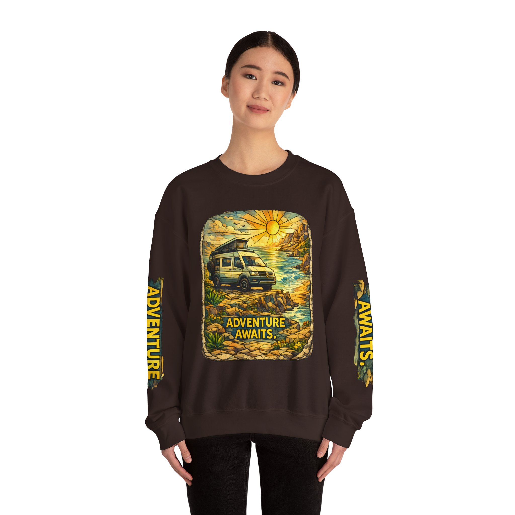 Unisex Heavy Blend™ Crewneck Sweatshirt — "Adventure Awaits" Design Cubic-Line