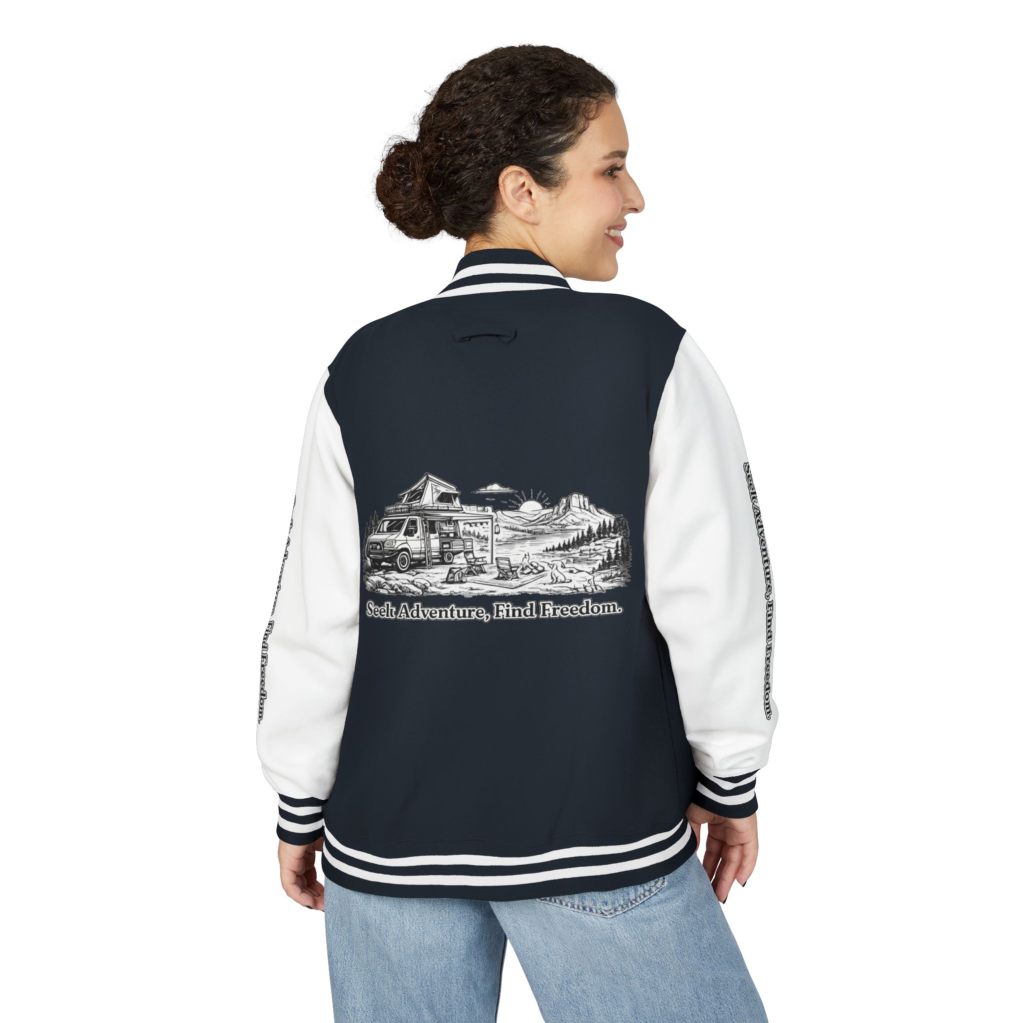 Unisex Heavyweight Letterman Jacket — "Seek Adventure, Find Freedom" Travel Varsity Coat