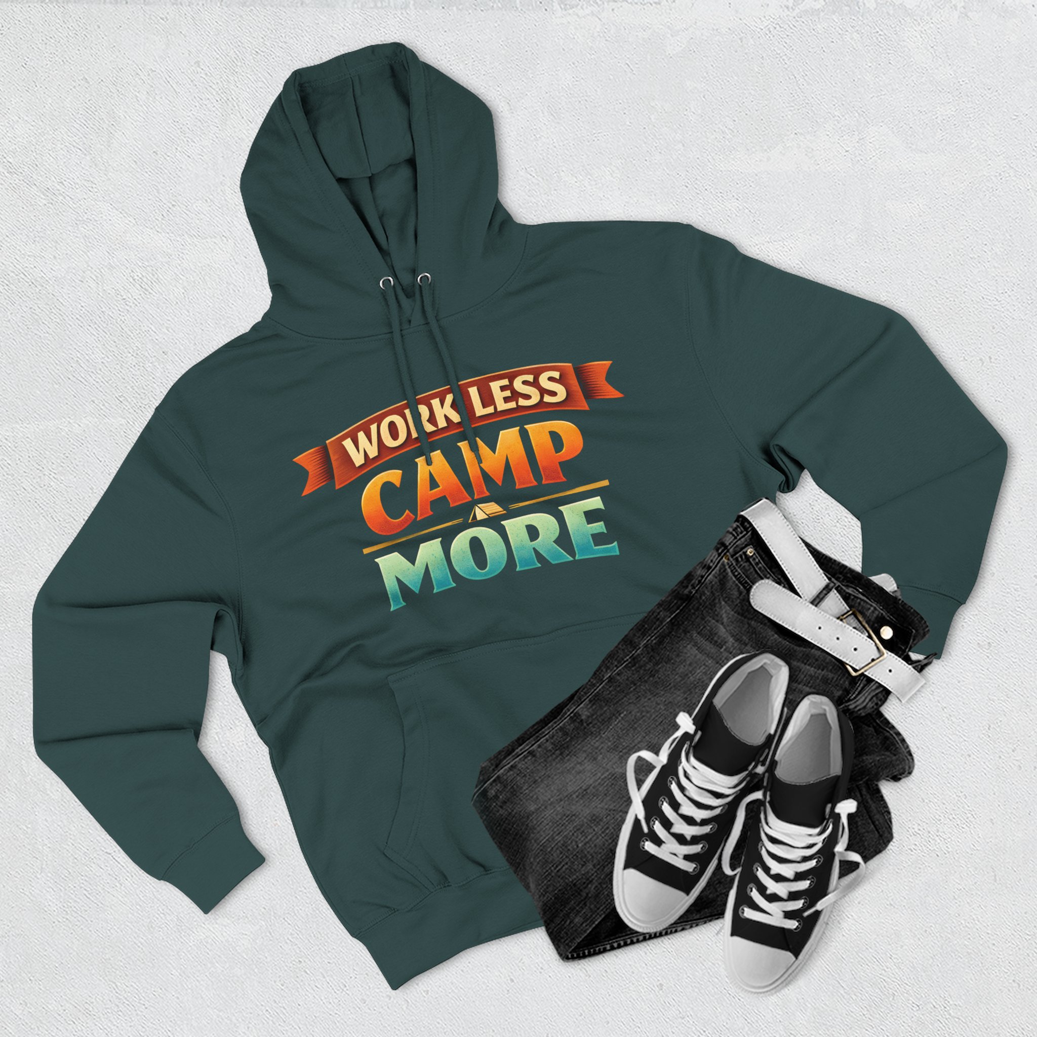 Three-Panel Fleece Hoodie - "Work Less-Camp More" Design Scenic-Line