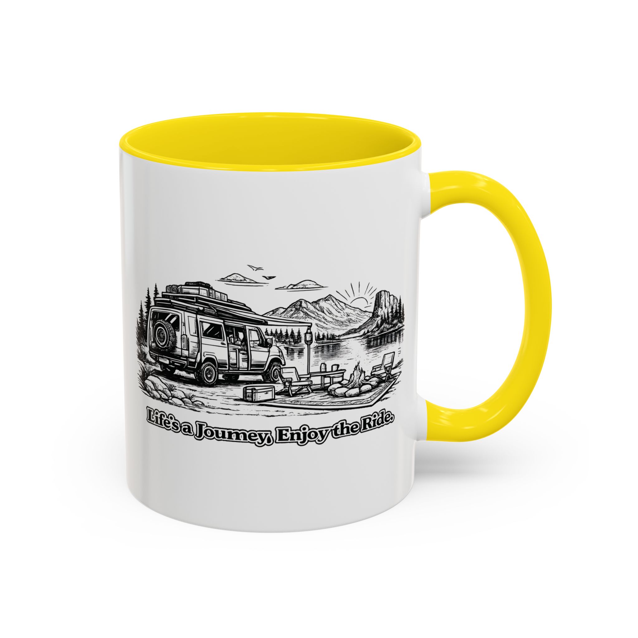 Accent Coffee Mug (11, 15oz) — "Lifes A Journey,Enjoy The Ride" Design Minimal-Line