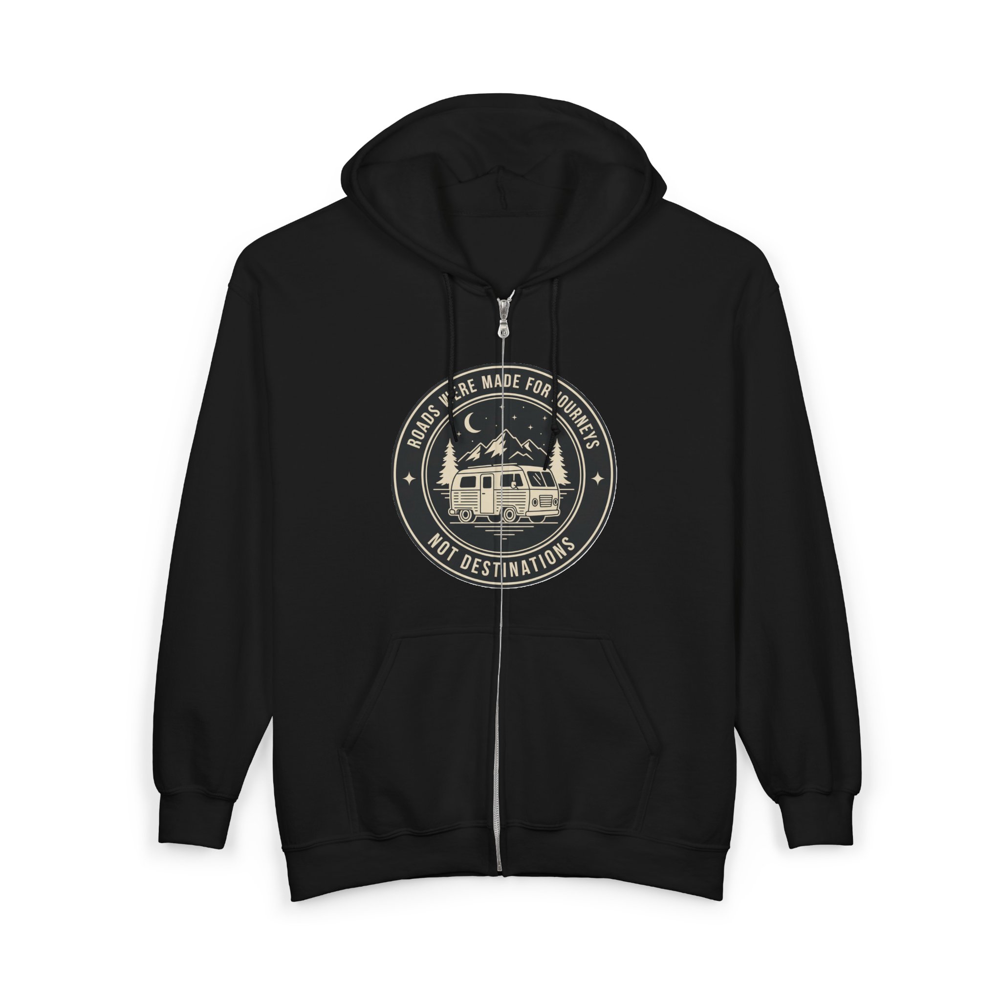 Zip Hoodie — "ROAD WHERE MADE FOR JOURNEYS-NOT DESTINATIONS"(Front + Back Printed) Camper Van Adventure Zip-Up