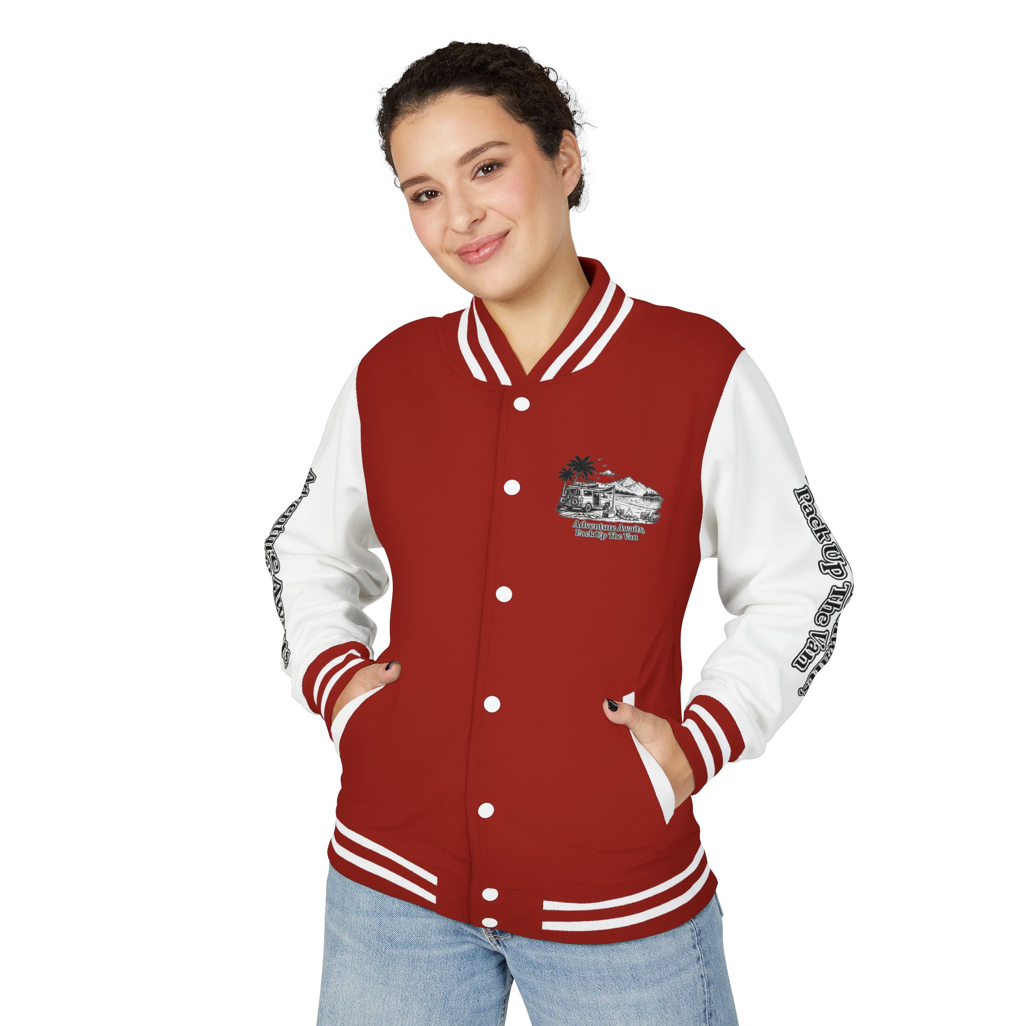 Unisex Heavyweight Letterman Jacket — "Adventure Awaits,Pack Up The Van" Travel Varsity Coat