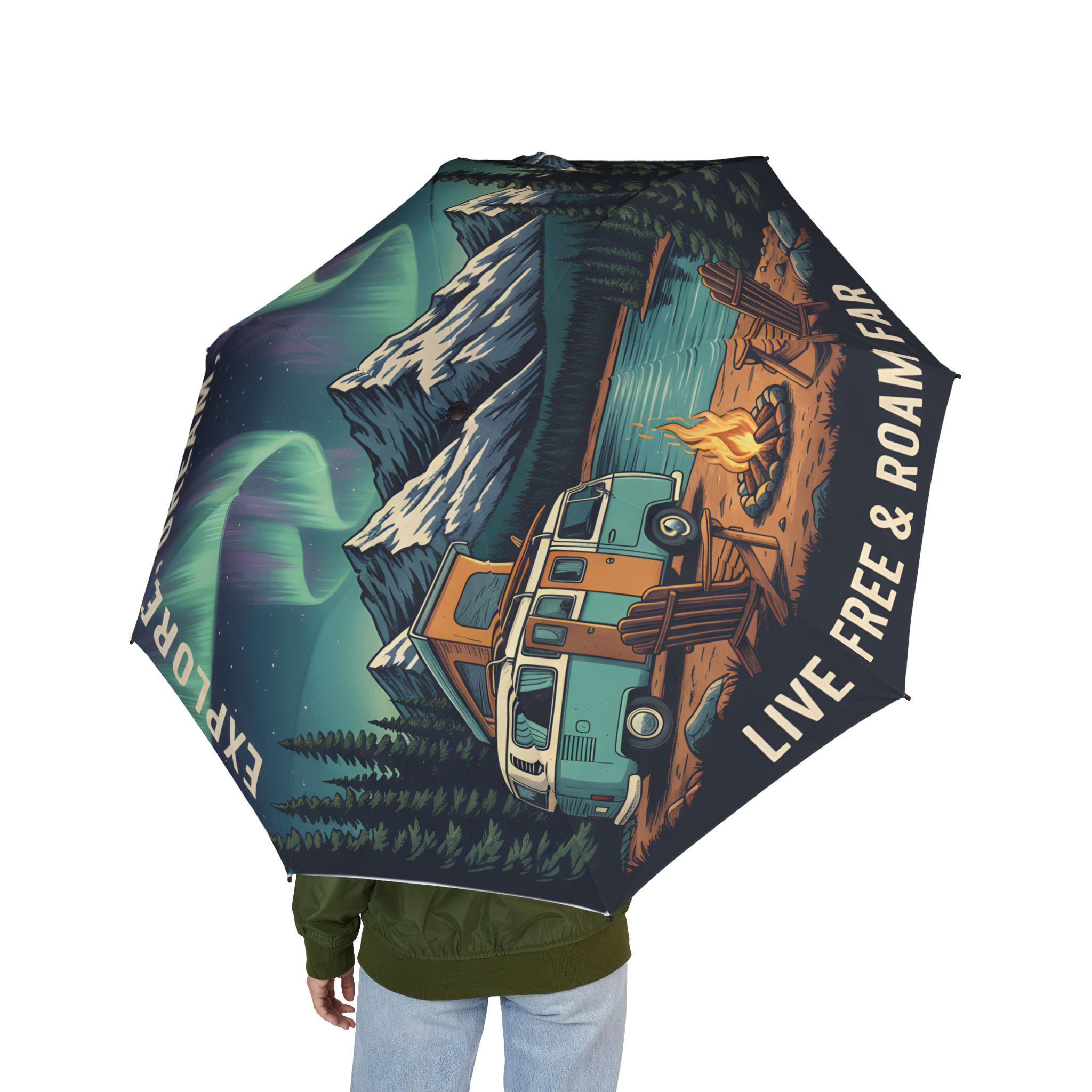 Semi-Automatic Foldable Umbrella — "Explore Dream Discover" Vintage Adventure Print