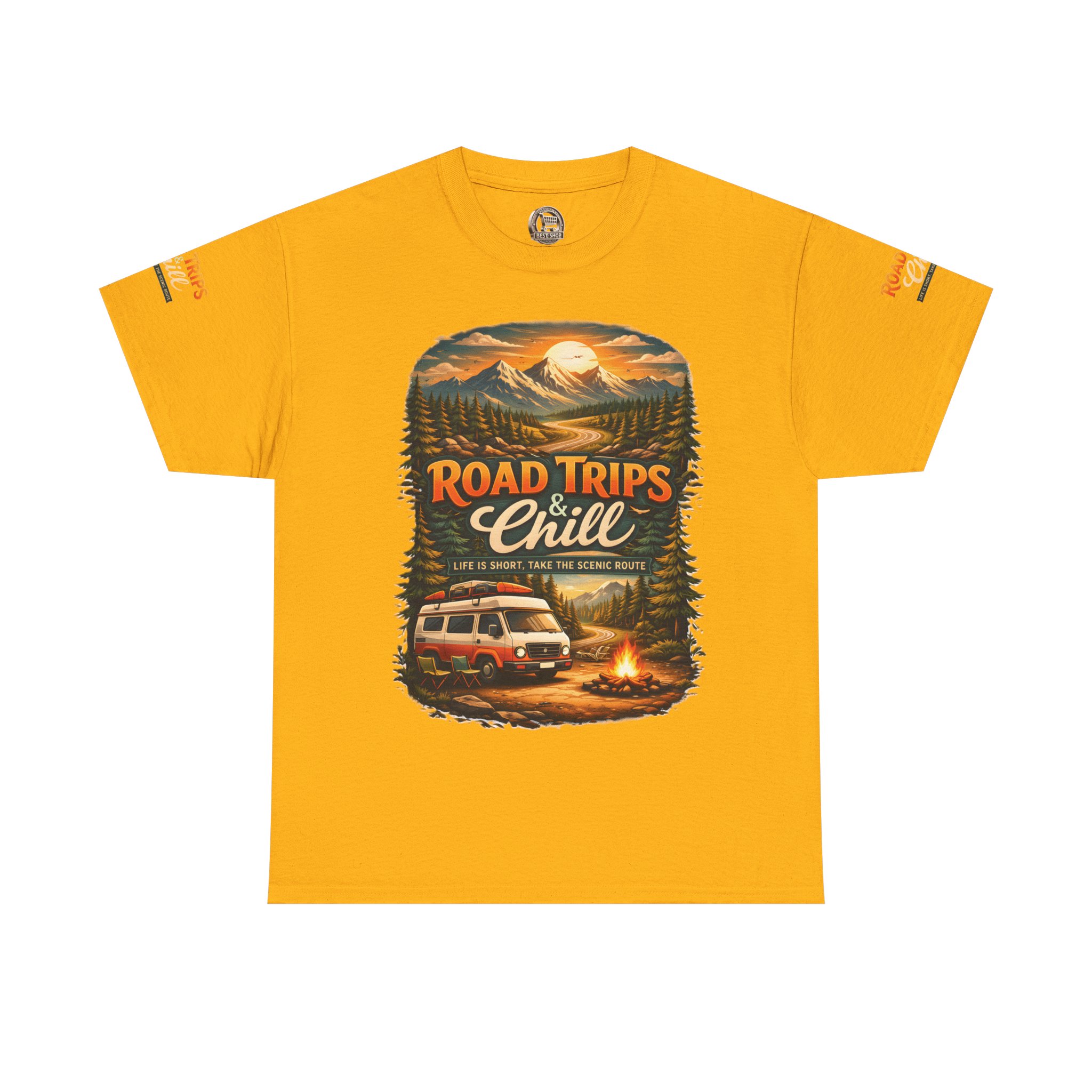 Unisex Heavy Cotton Tee — "Road Trips & Chill" Design Scenic-Line